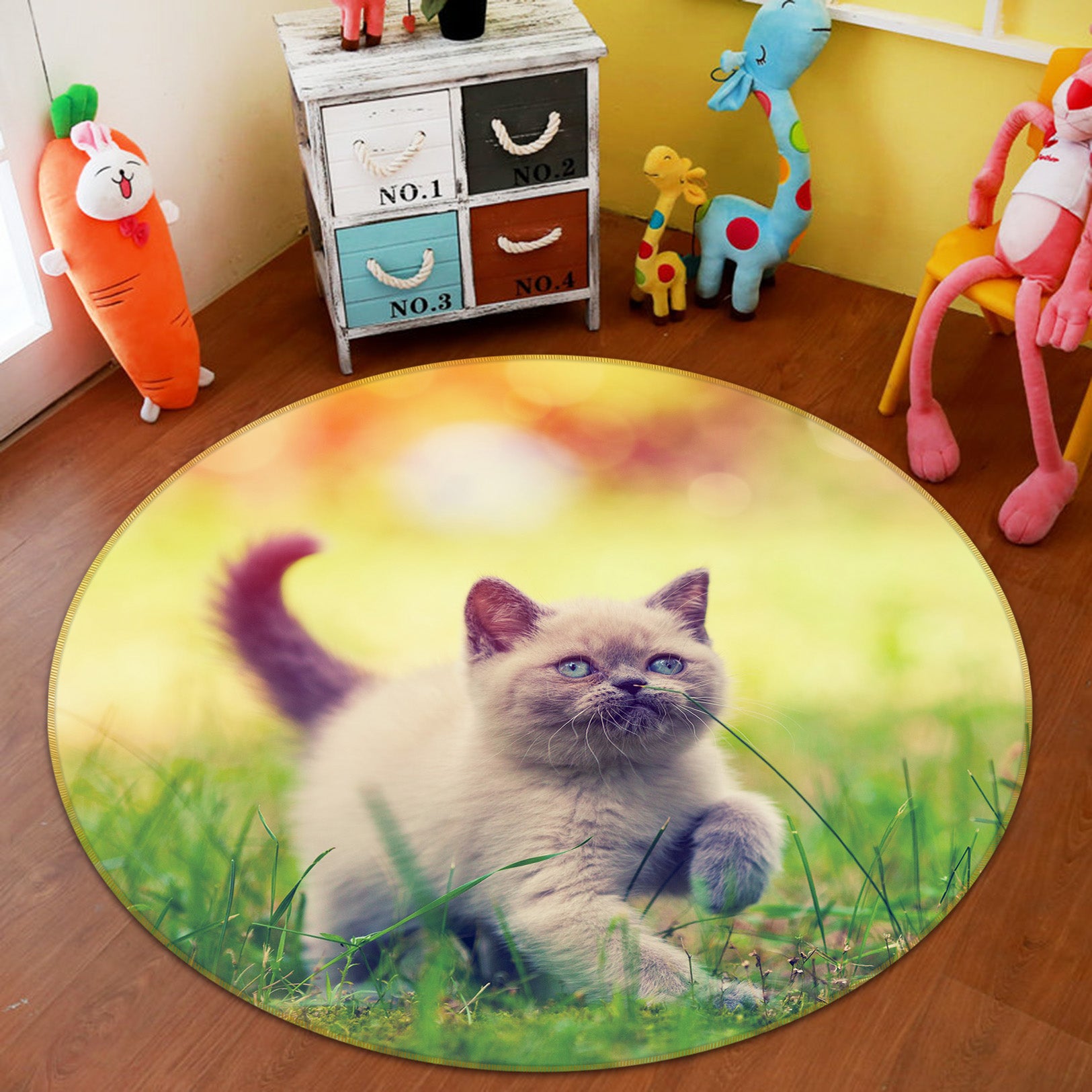 3D Grassland Kitten 29033 Round Non Slip Rug Mat