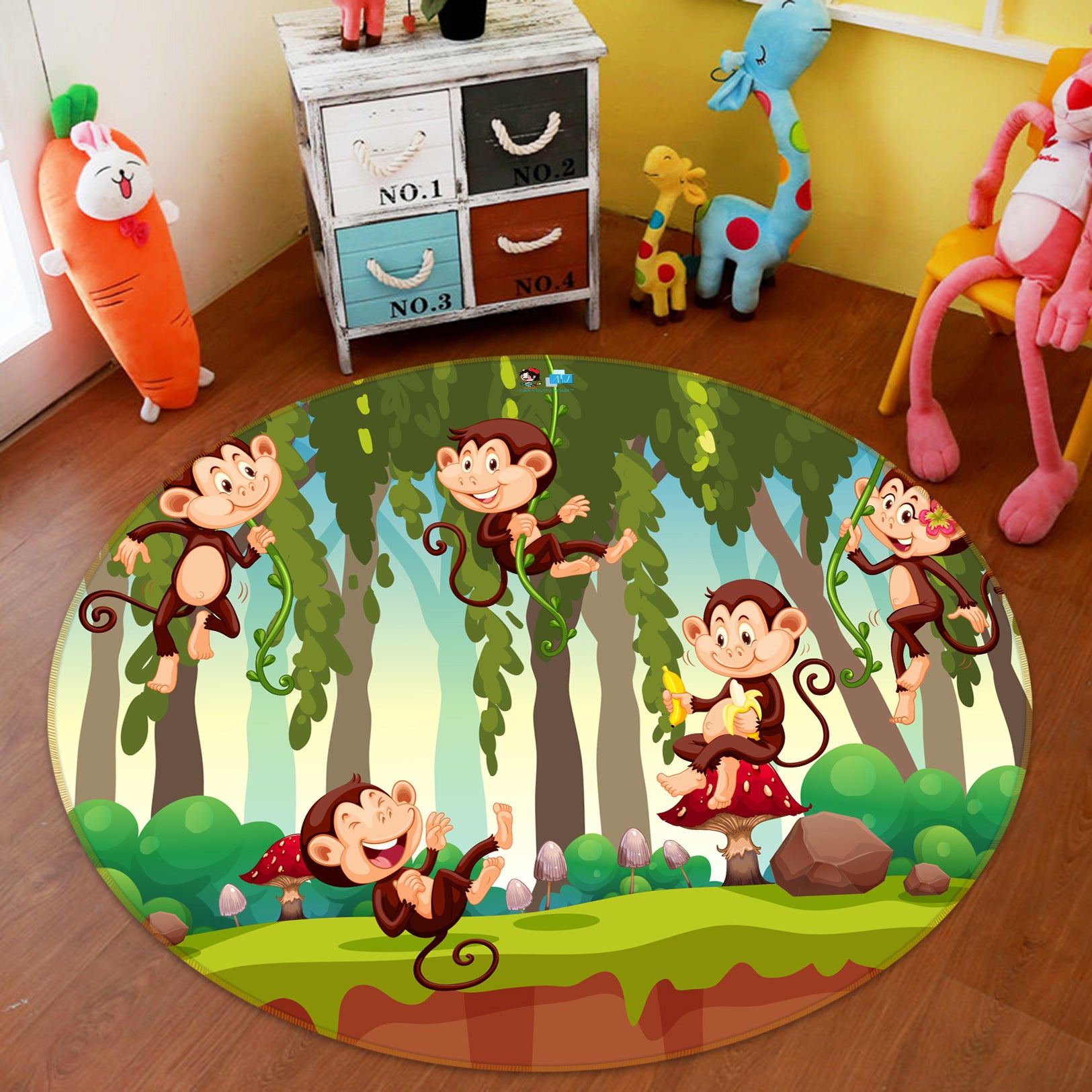 3D Forest Monkey 81236 Round Non Slip Rug Mat