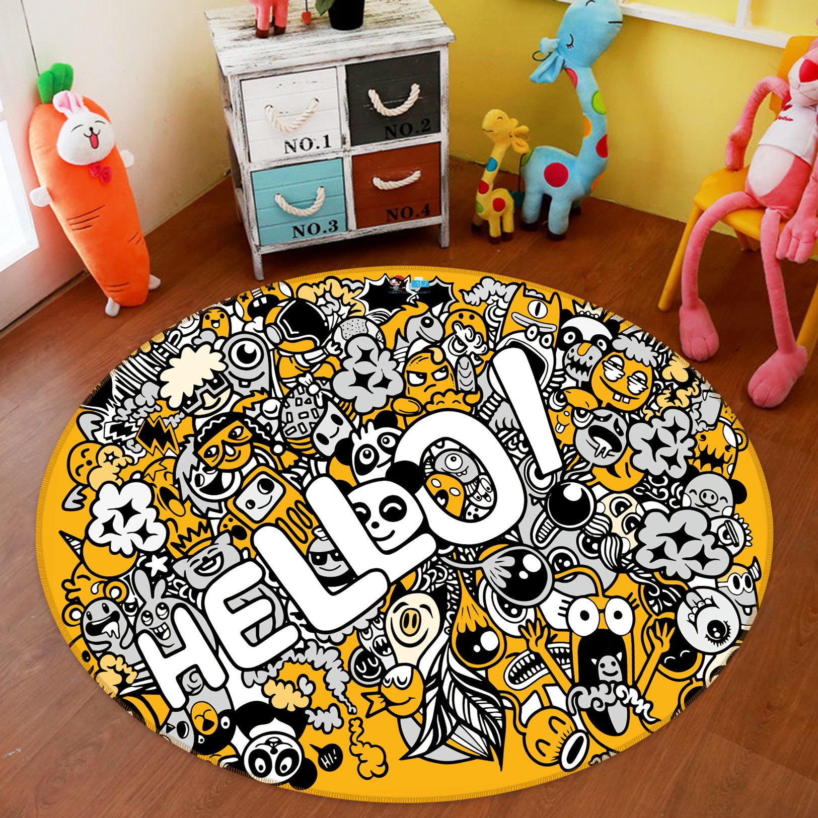3D Cartoon Yellow Hello 81209 Round Non Slip Rug Mat