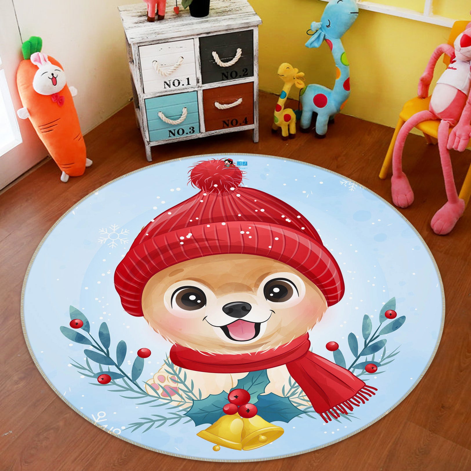 3D Dog Red Hat 75137 Round Non Slip Rug Mat