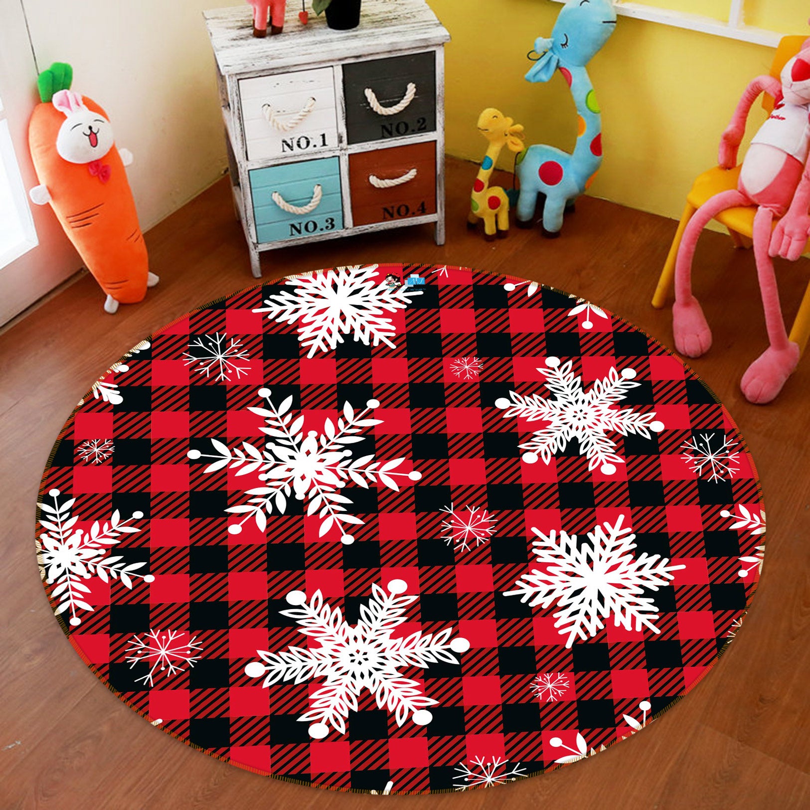 3D Snowflake Red Black Grid 54085 Christmas Round Non Slip Rug Mat Xmas