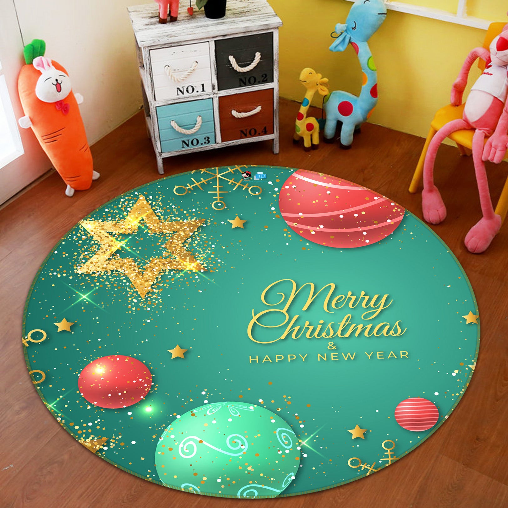3D Green Red Ball 81034 Round Non Slip Rug Mat