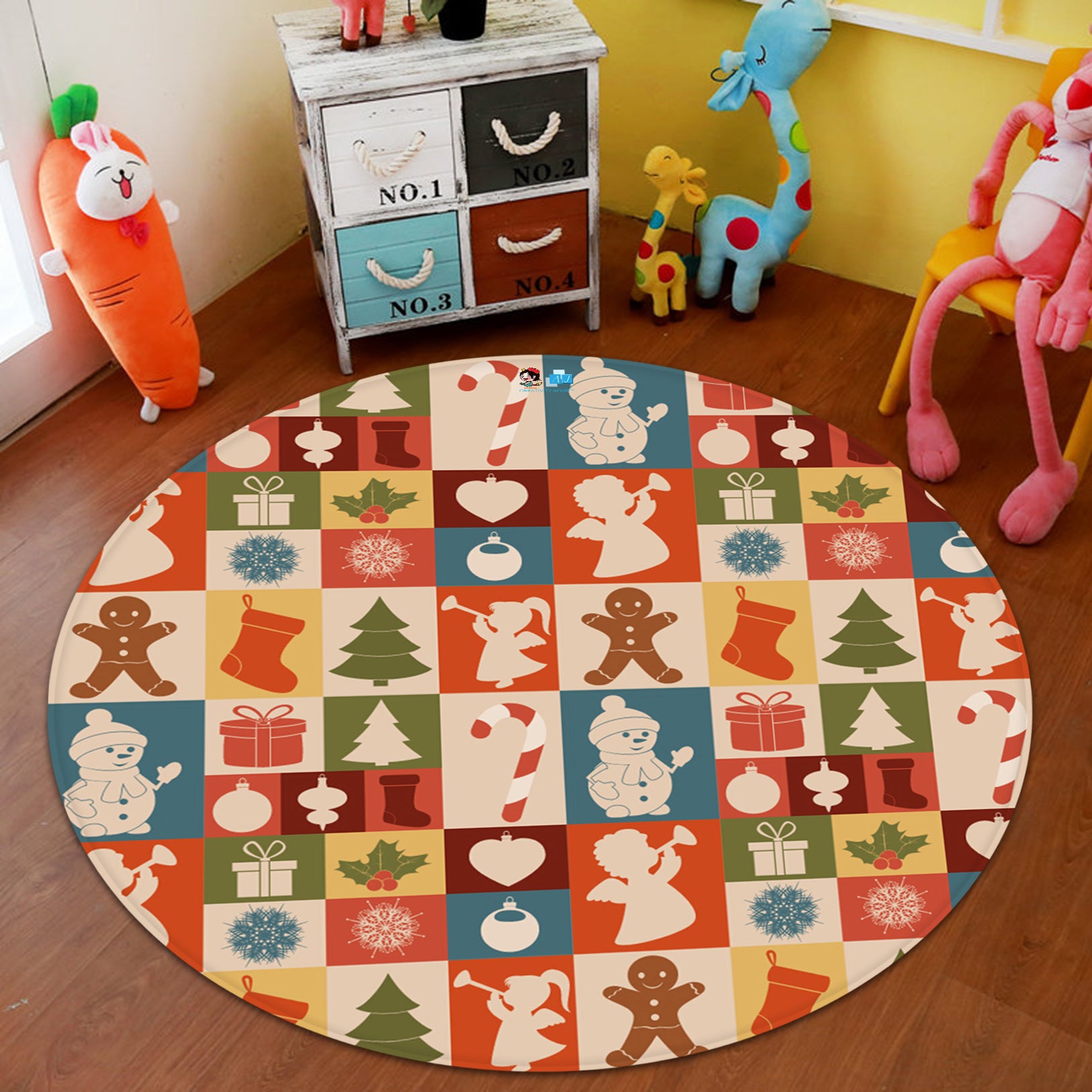 3D Tree Snowman Color Grid 66008 Christmas Round Non Slip Rug Mat Xmas