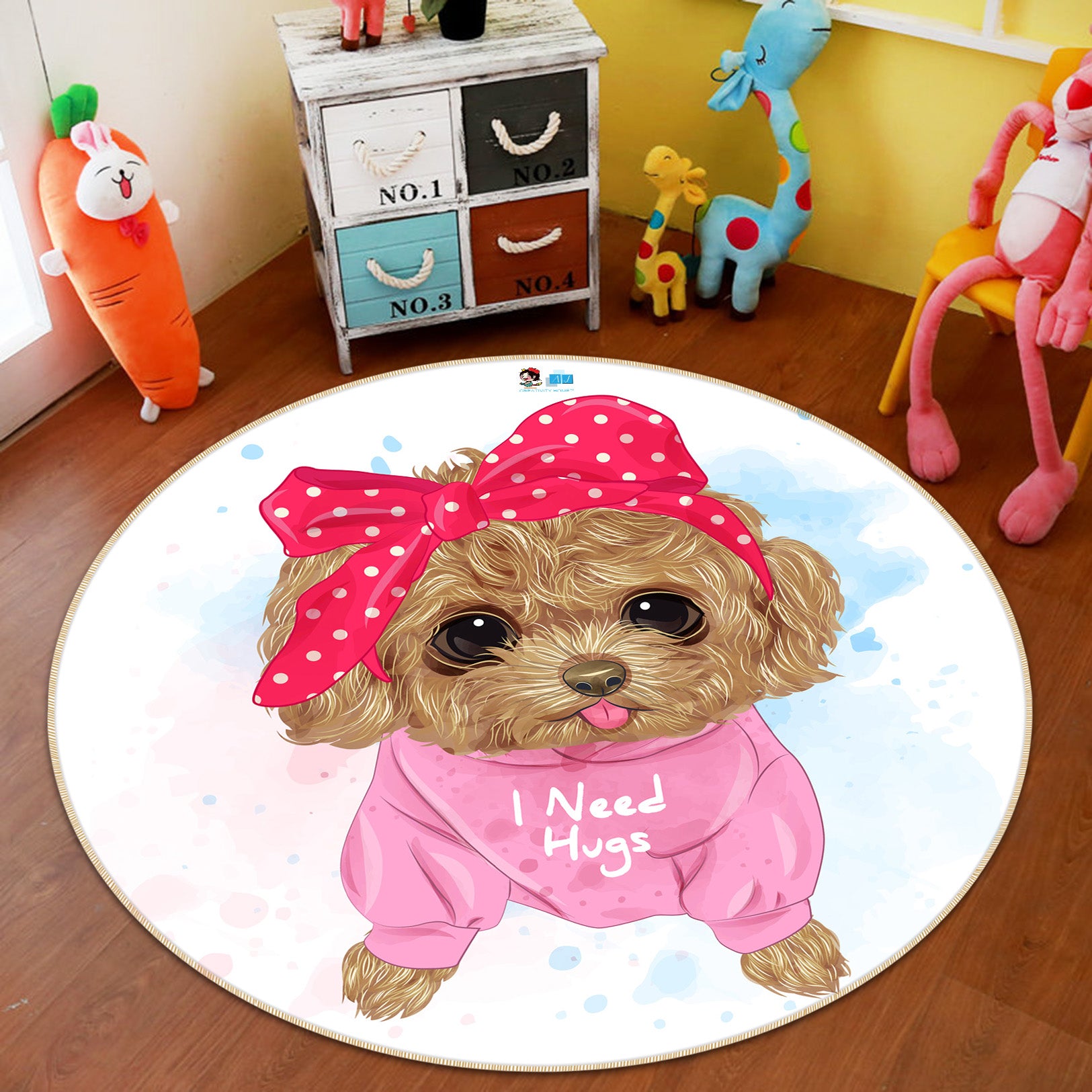3D Teddy Dog 74290 Round Non Slip Rug Mat