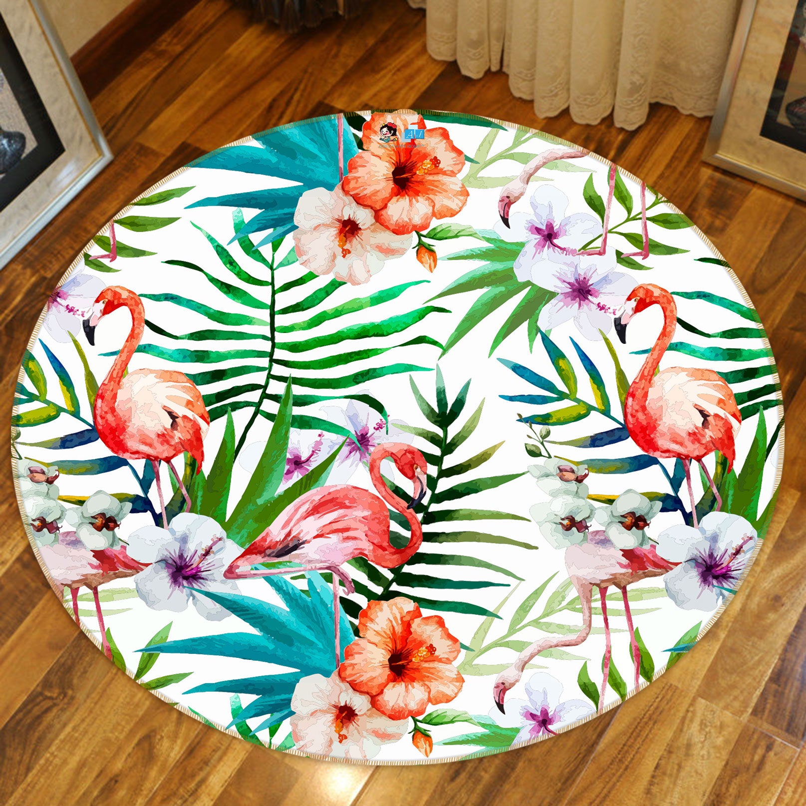 3D Flower Bush Flamingo 81261 Round Non Slip Rug Mat