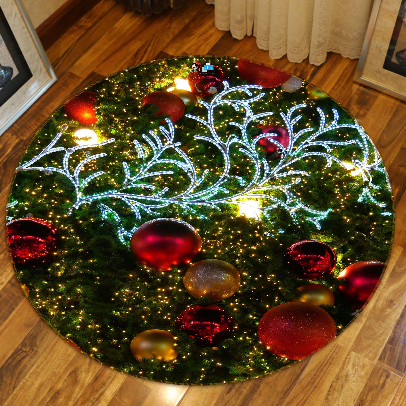 3D Branches Red Ball 54053 Christmas Round Non Slip Rug Mat Xmas
