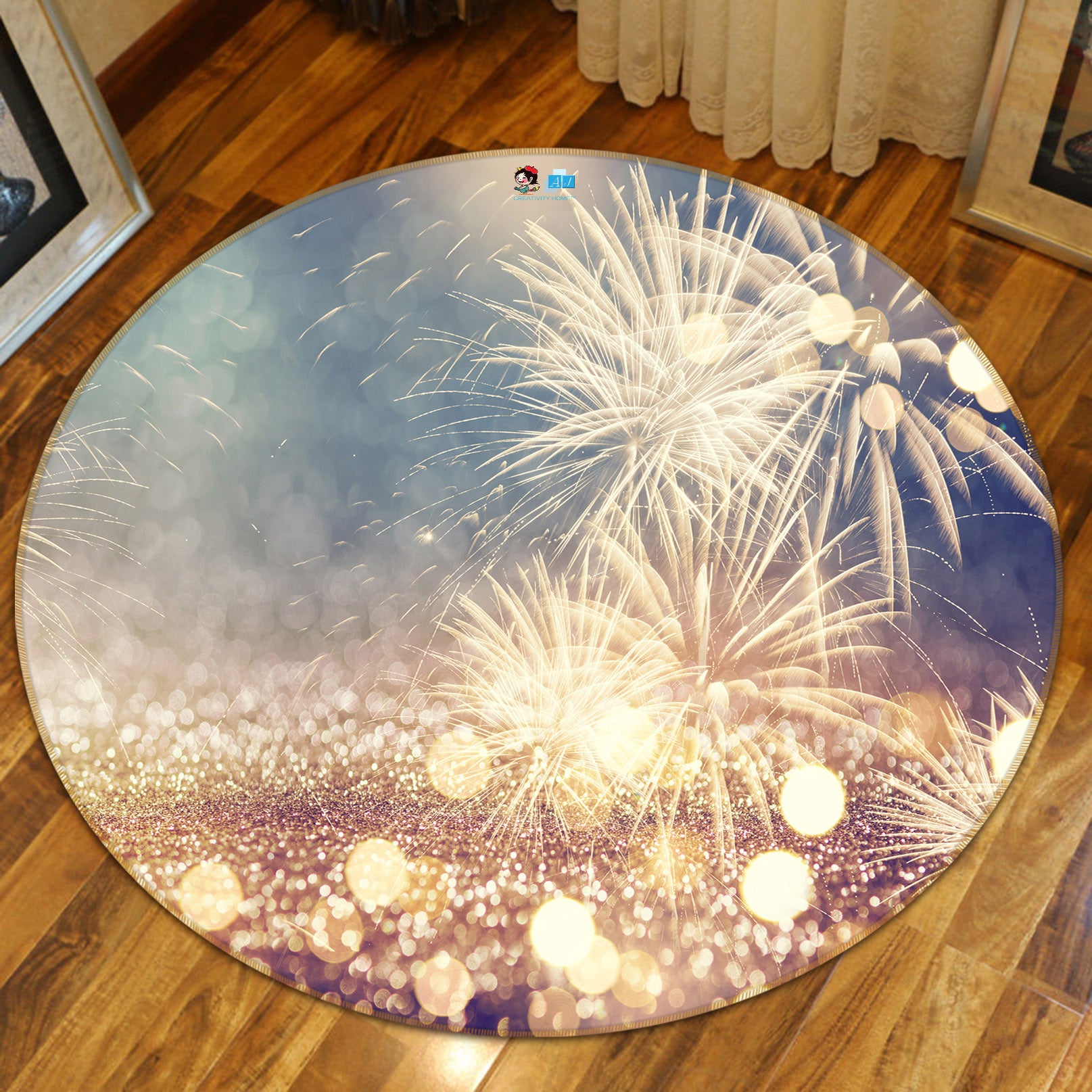 3D Fireworks 54161 Christmas Round Non Slip Rug Mat Xmas