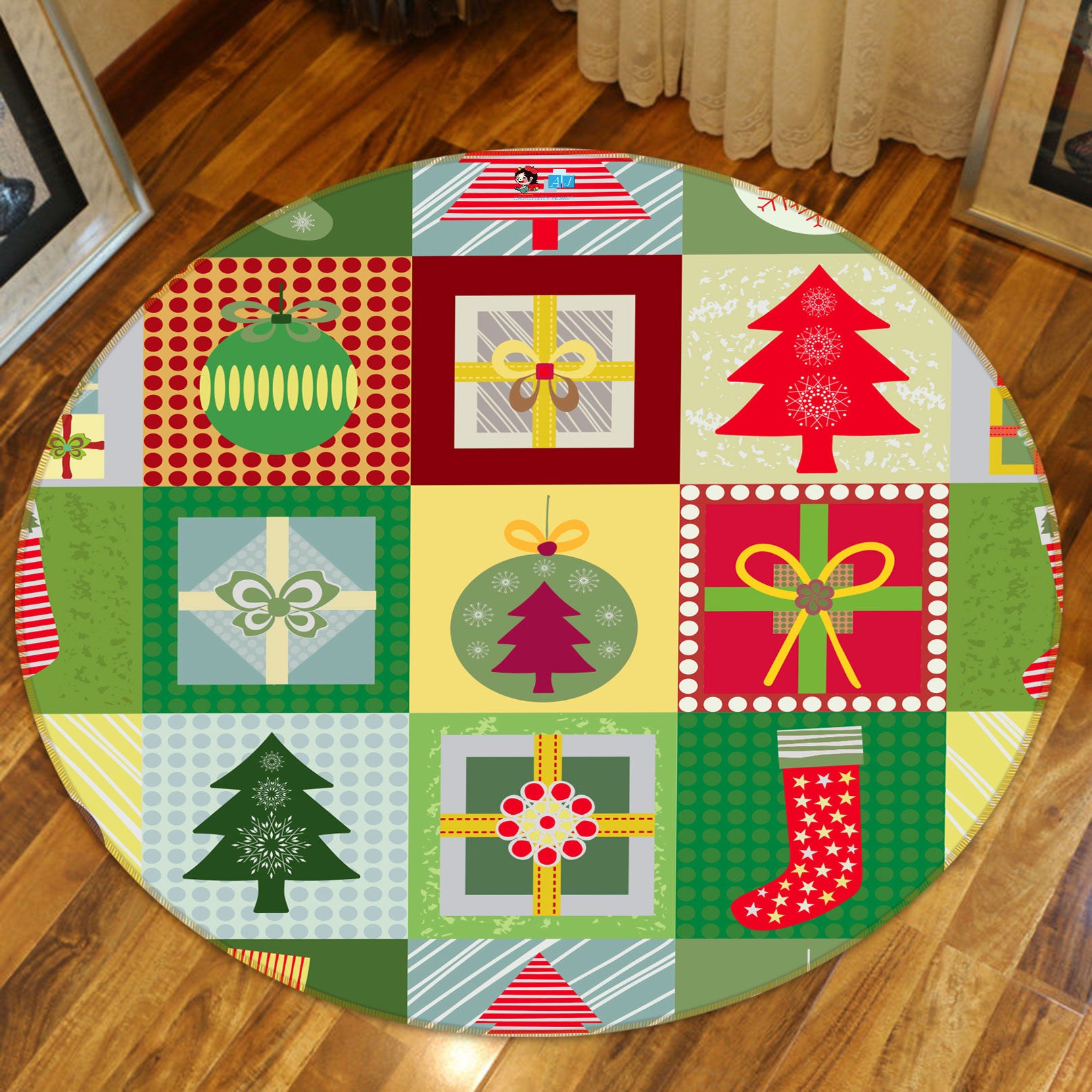 3D Tree Sock 54073 Christmas Round Non Slip Rug Mat Xmas