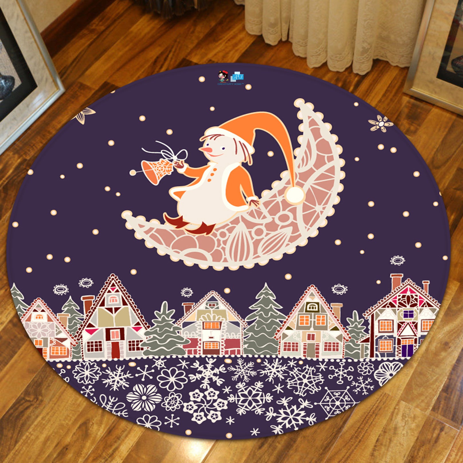 3D Santa Moon Houses Snowflakes 66021 Christmas Round Non Slip Rug Mat Xmas