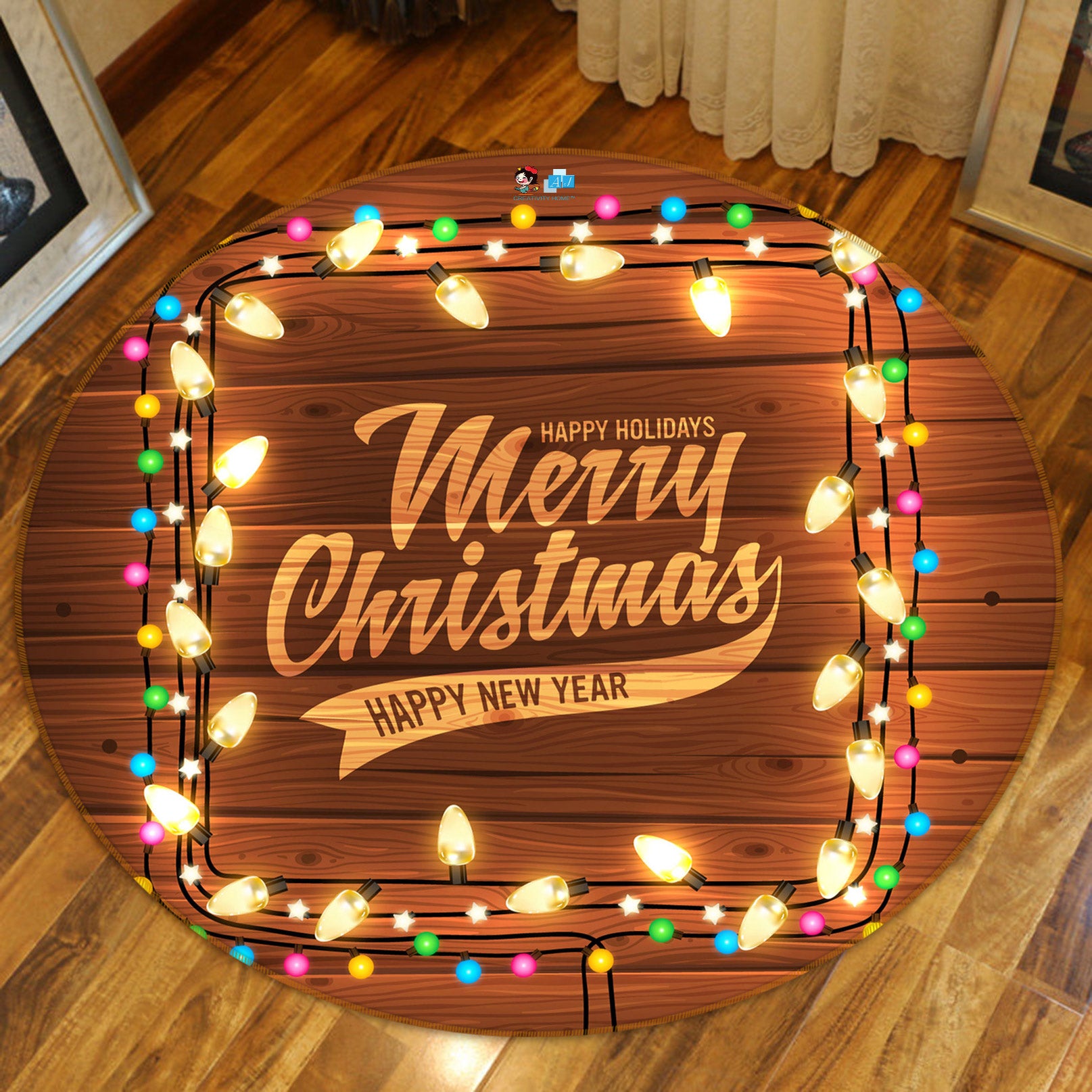 3D String Lights 54024 Christmas Round Non Slip Rug Mat Xmas
