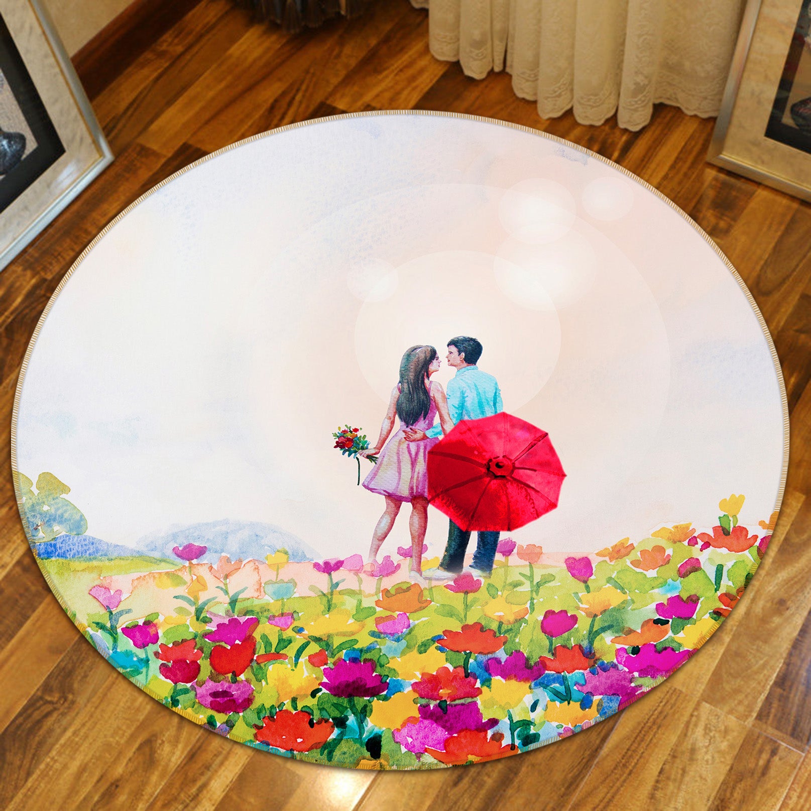 3D Flower Bush Couple 71210 Round Non Slip Rug Mat