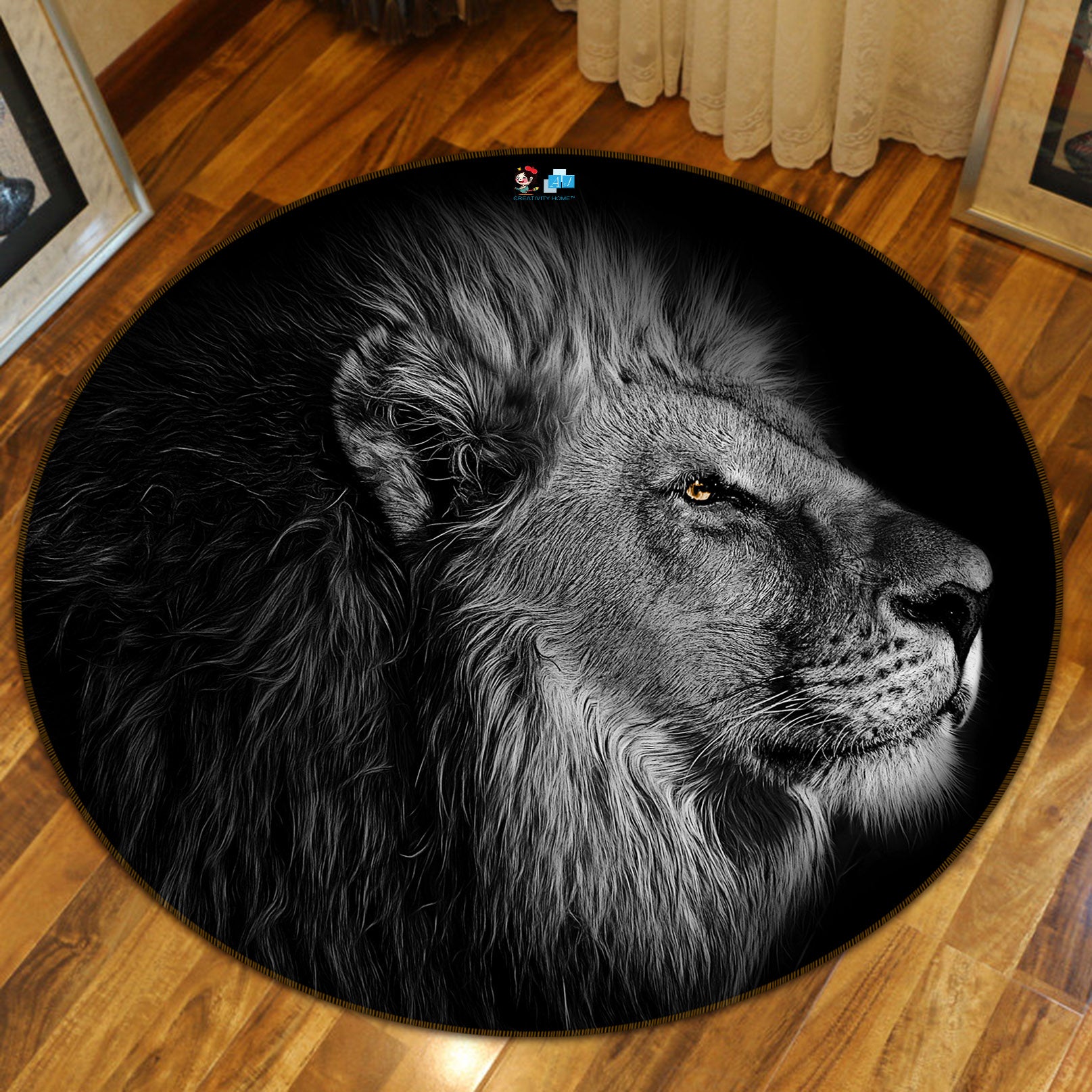 3D Black Grey Lion 82057 Animal Round Non Slip Rug Mat
