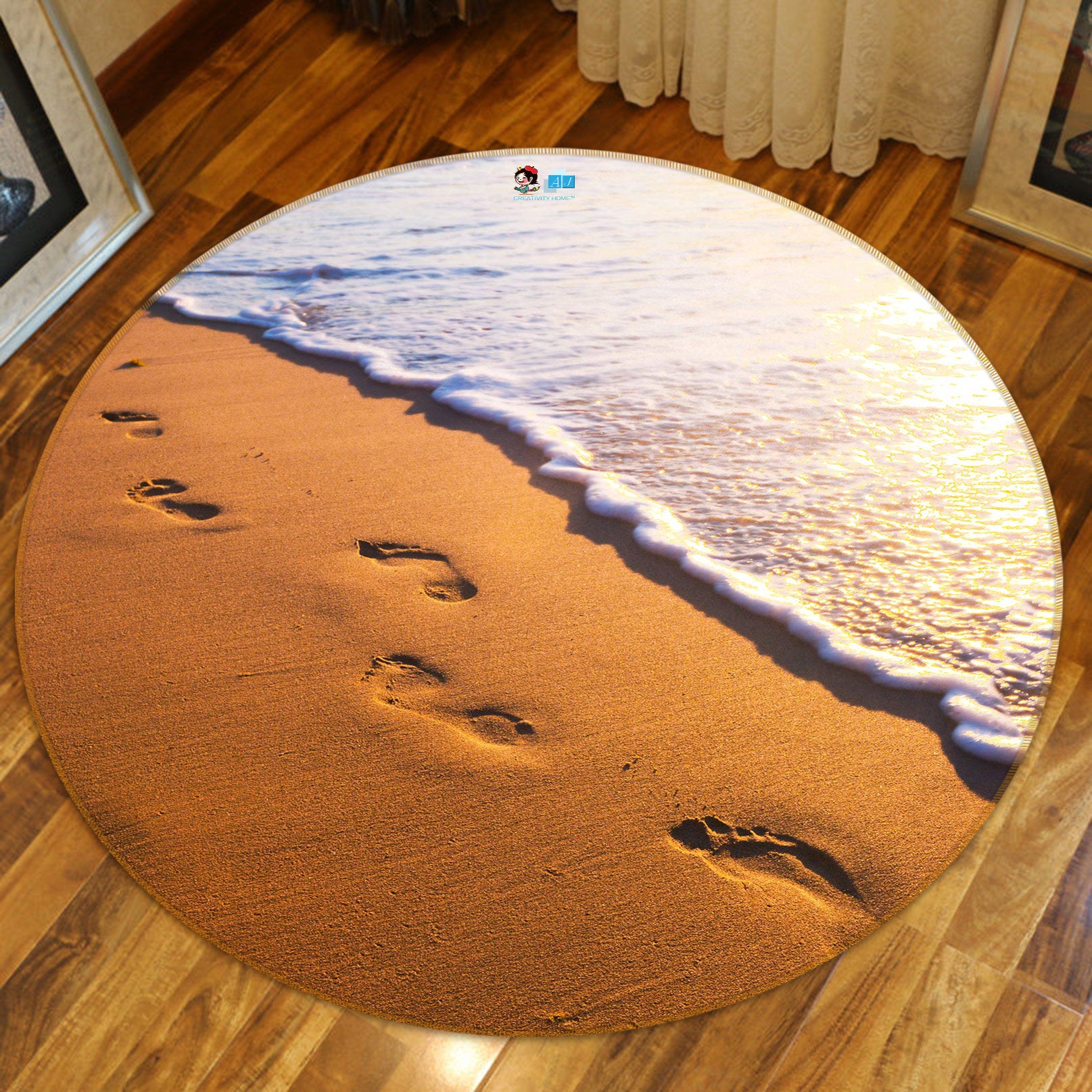3D Beach Footprints 72160 Round Non Slip Rug Mat