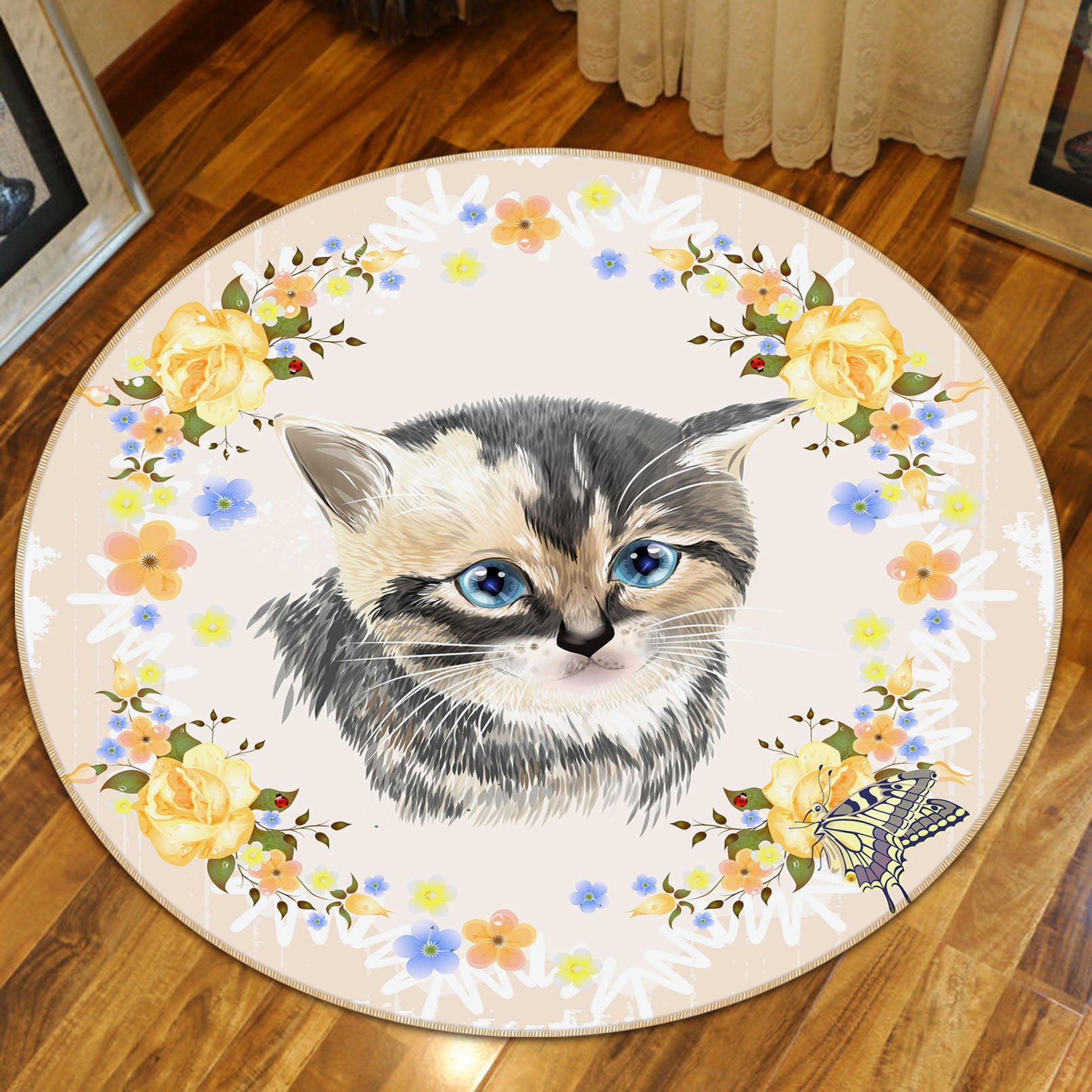 3D Cat Yellow Flower 29046 Round Non Slip Rug Mat
