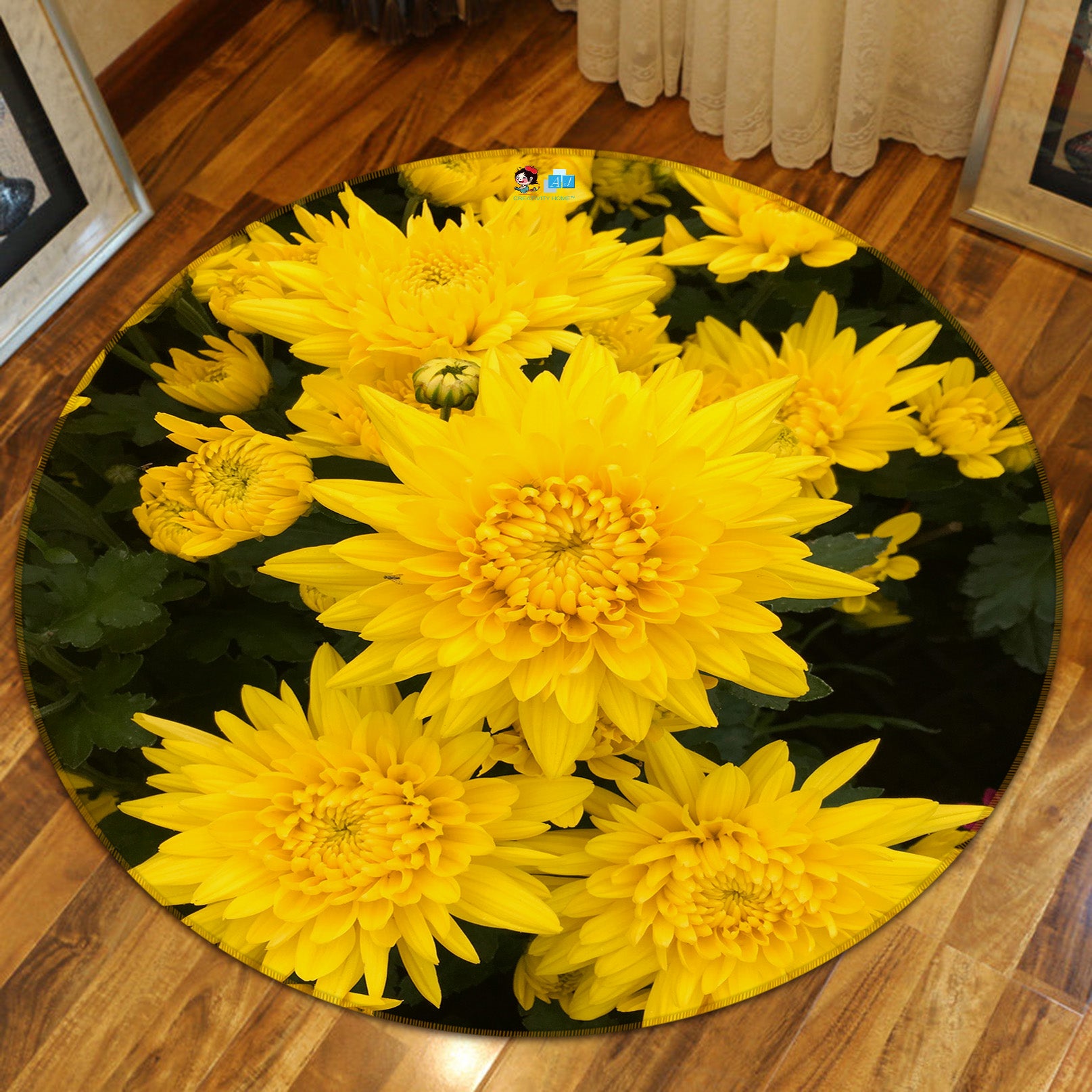 3D Yellow Chrysanthemum 71173 Round Non Slip Rug Mat