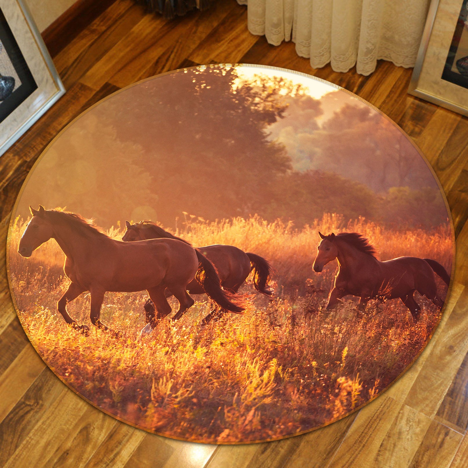 3D Prairie Horses 38006 Animal Round Non Slip Rug Mat