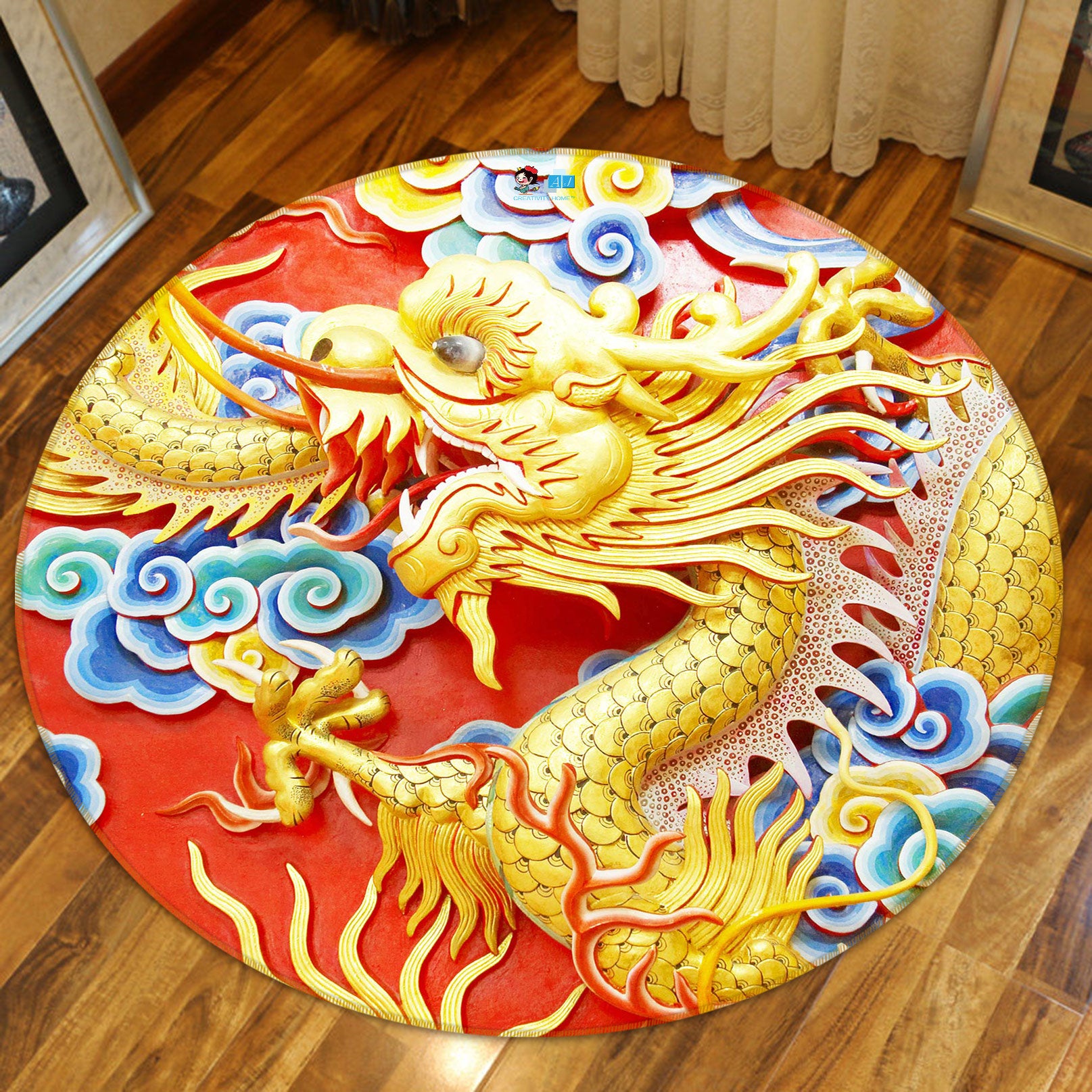 3D Golden Dragon Cloud 73008 Round Non Slip Rug Mat