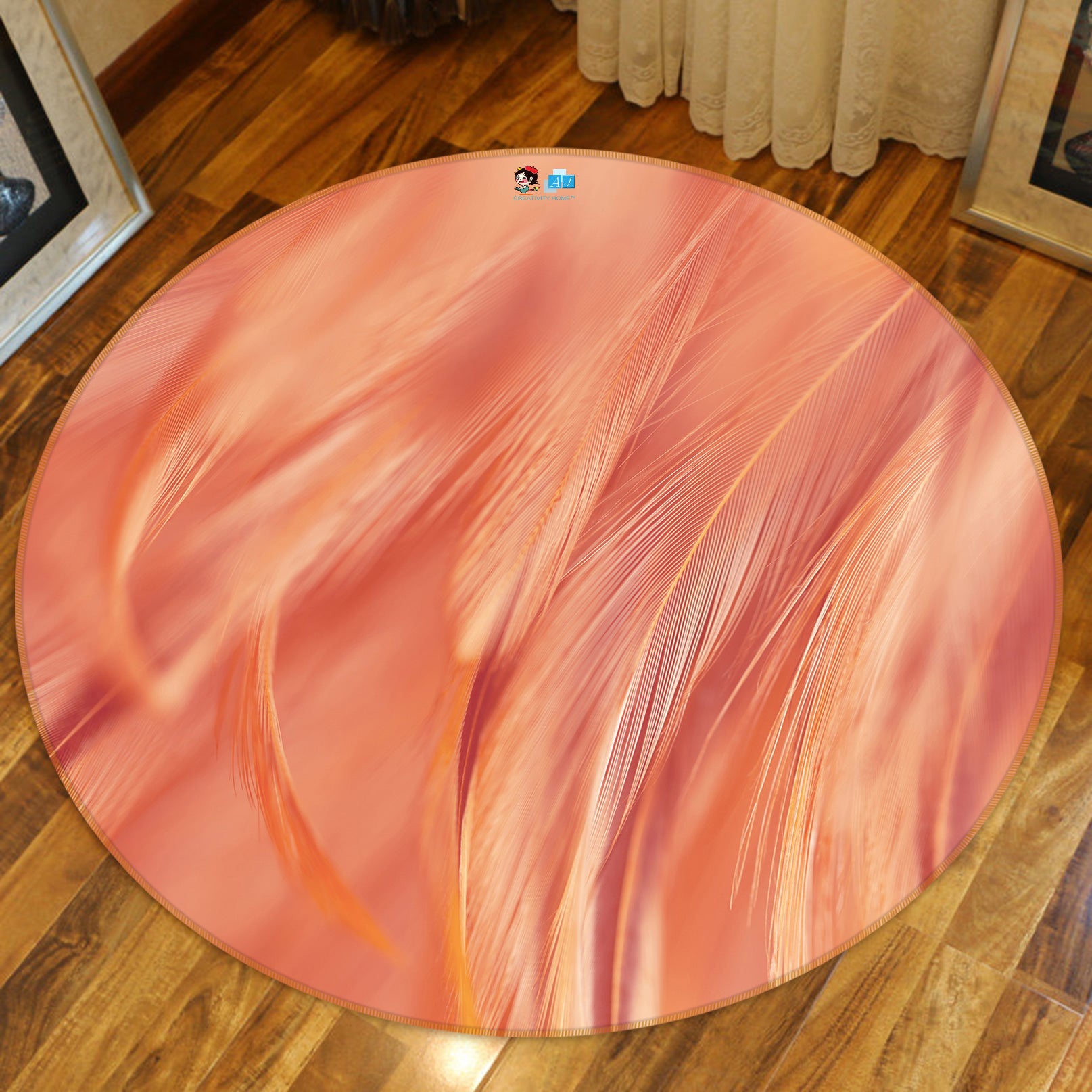 3D Orange Feather 81219 Round Non Slip Rug Mat