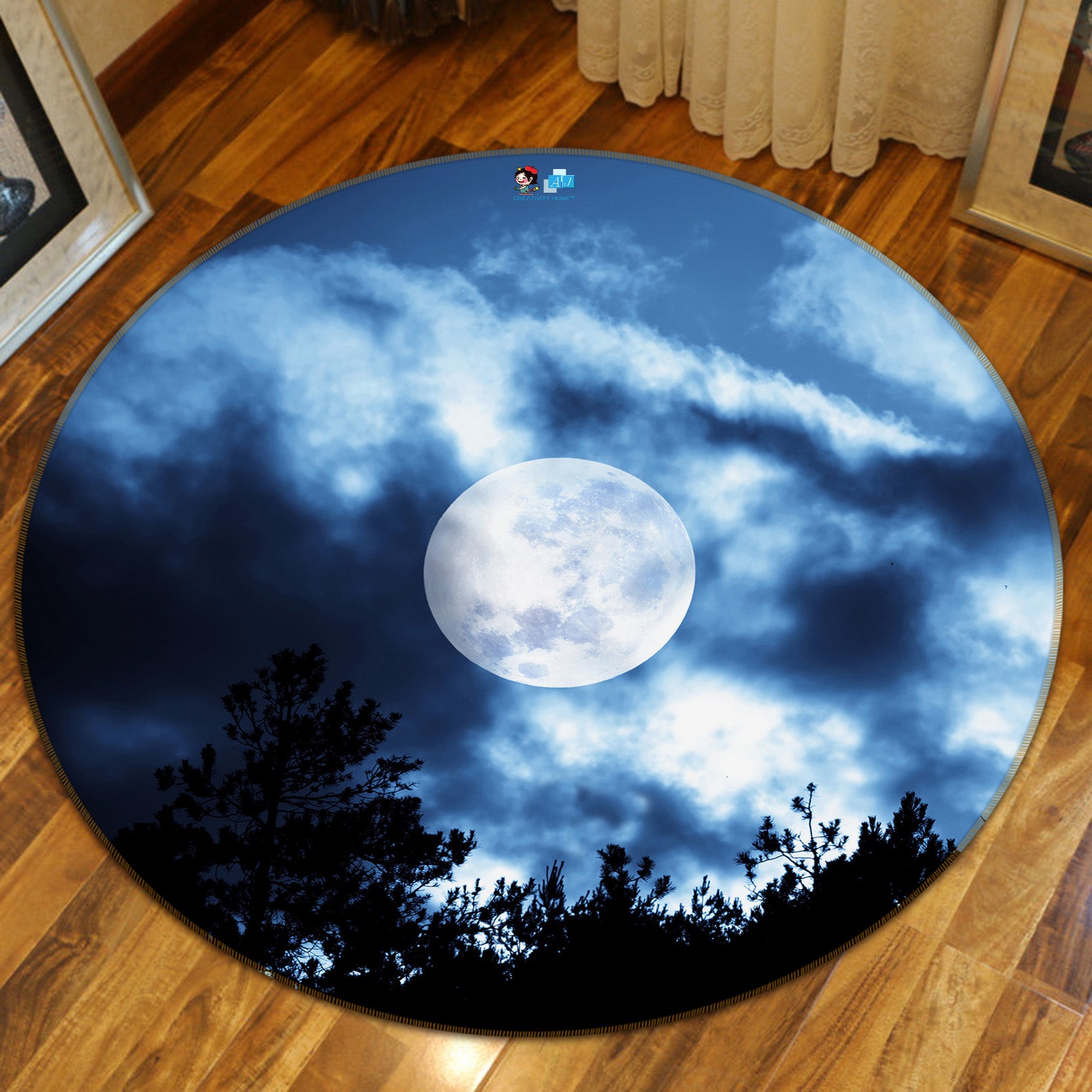 3D Night Sky Moon 74097 Round Non Slip Rug Mat