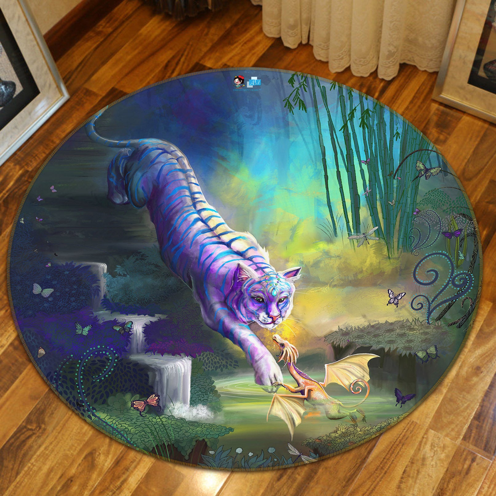 3D Jungle Purple Tiger 83172 Rose Catherine Khan Rug Round Non Slip Rug Mat