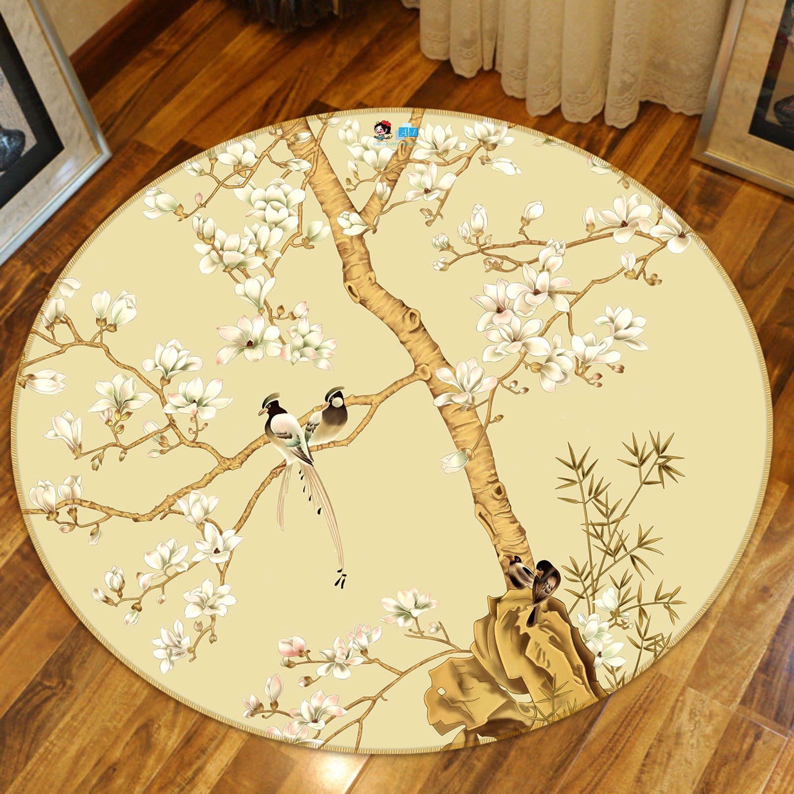 3D Branches Bird 80269 Round Non Slip Rug Mat