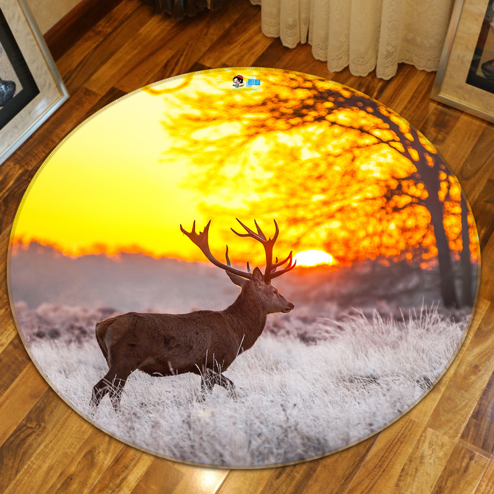 3D Dusk Deer 74133 Round Non Slip Rug Mat