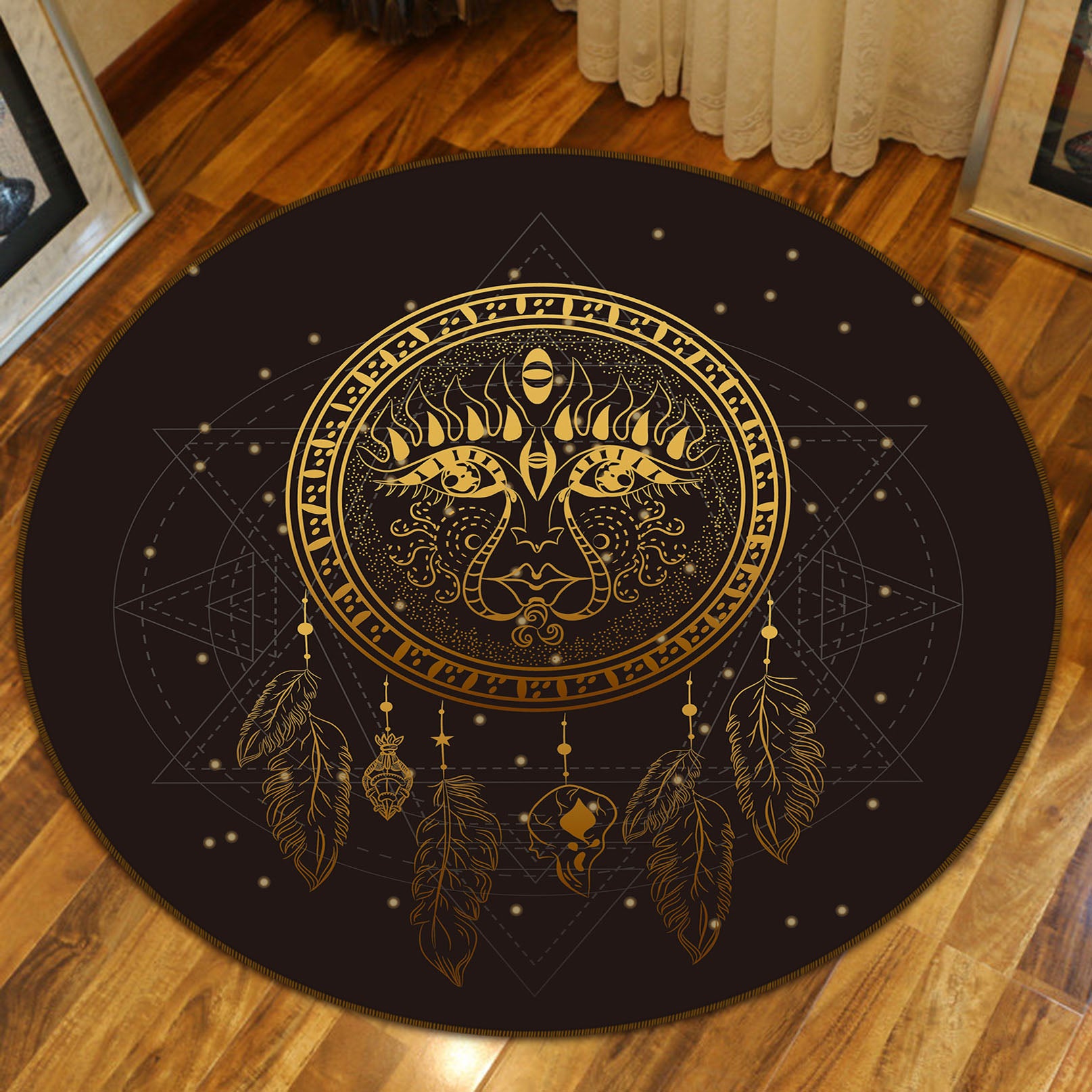 3D Golden Dream Catcher 29028 Round Non Slip Rug Mat