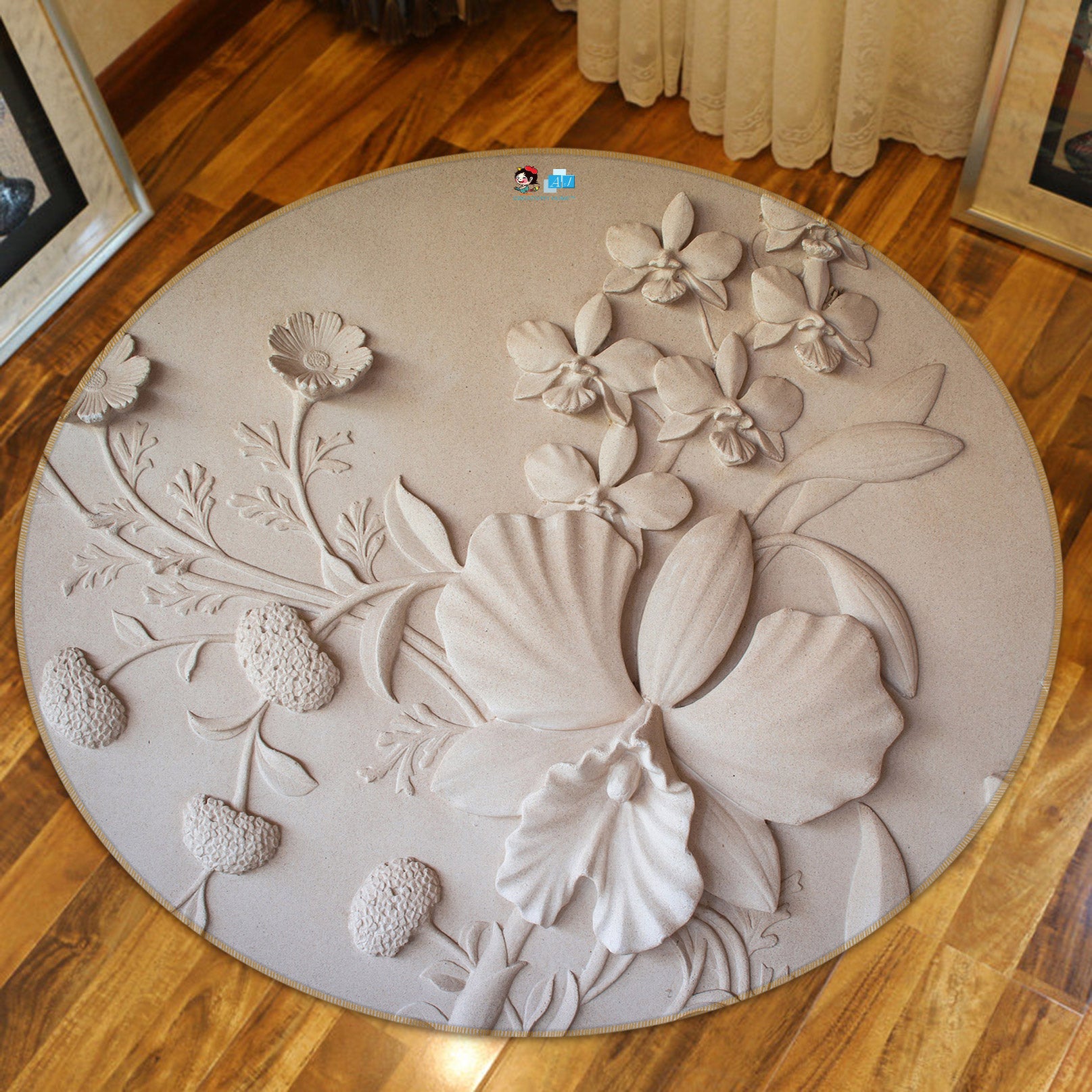3D White Relief 72181 Round Non Slip Rug Mat
