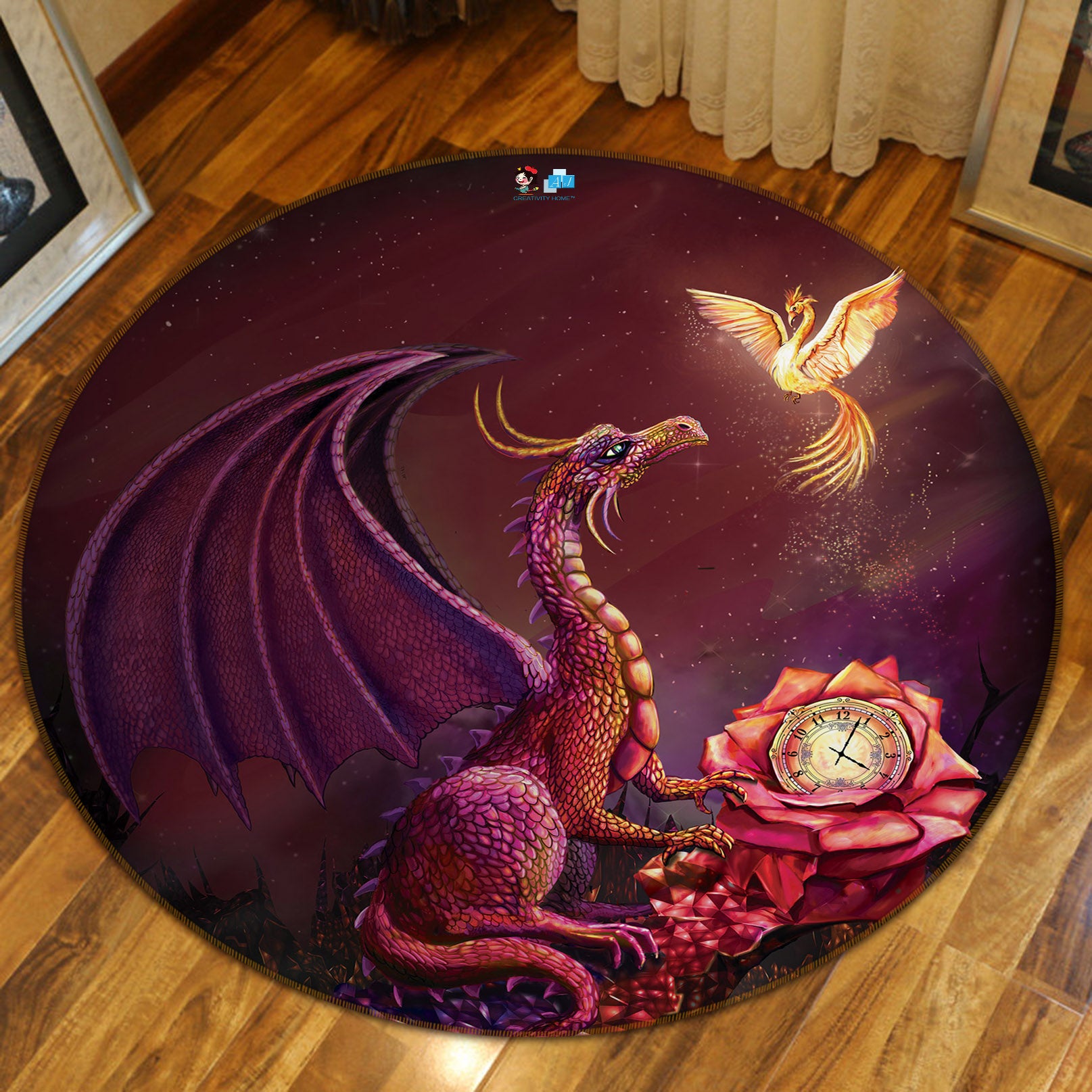 3D Crimson Clock Dinosaur 83176 Rose Catherine Khan Rug Round Non Slip Rug Mat