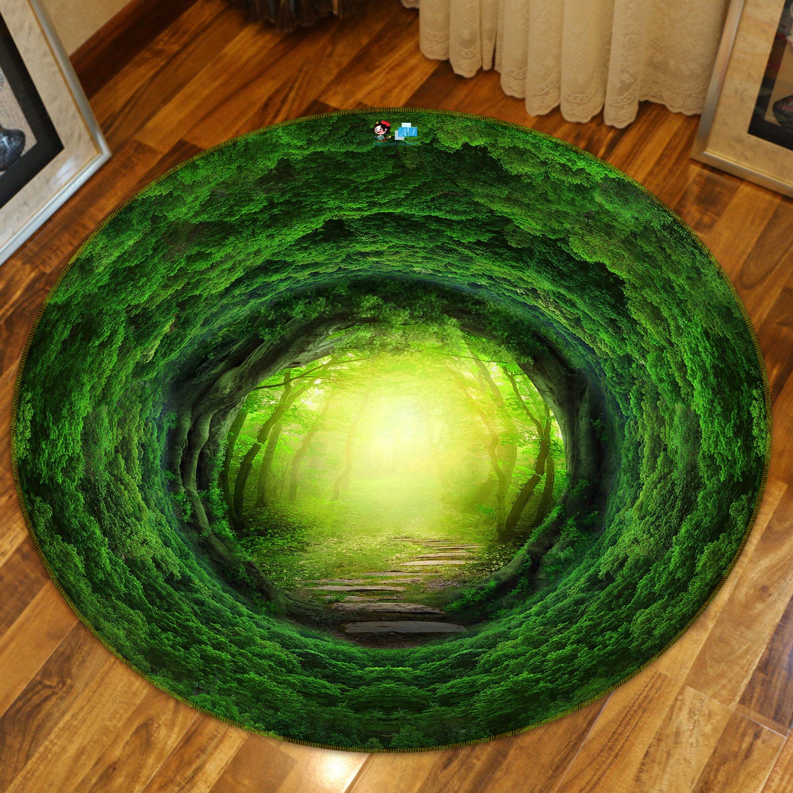 3D Green Tree Hole 80291 Round Non Slip Rug Mat