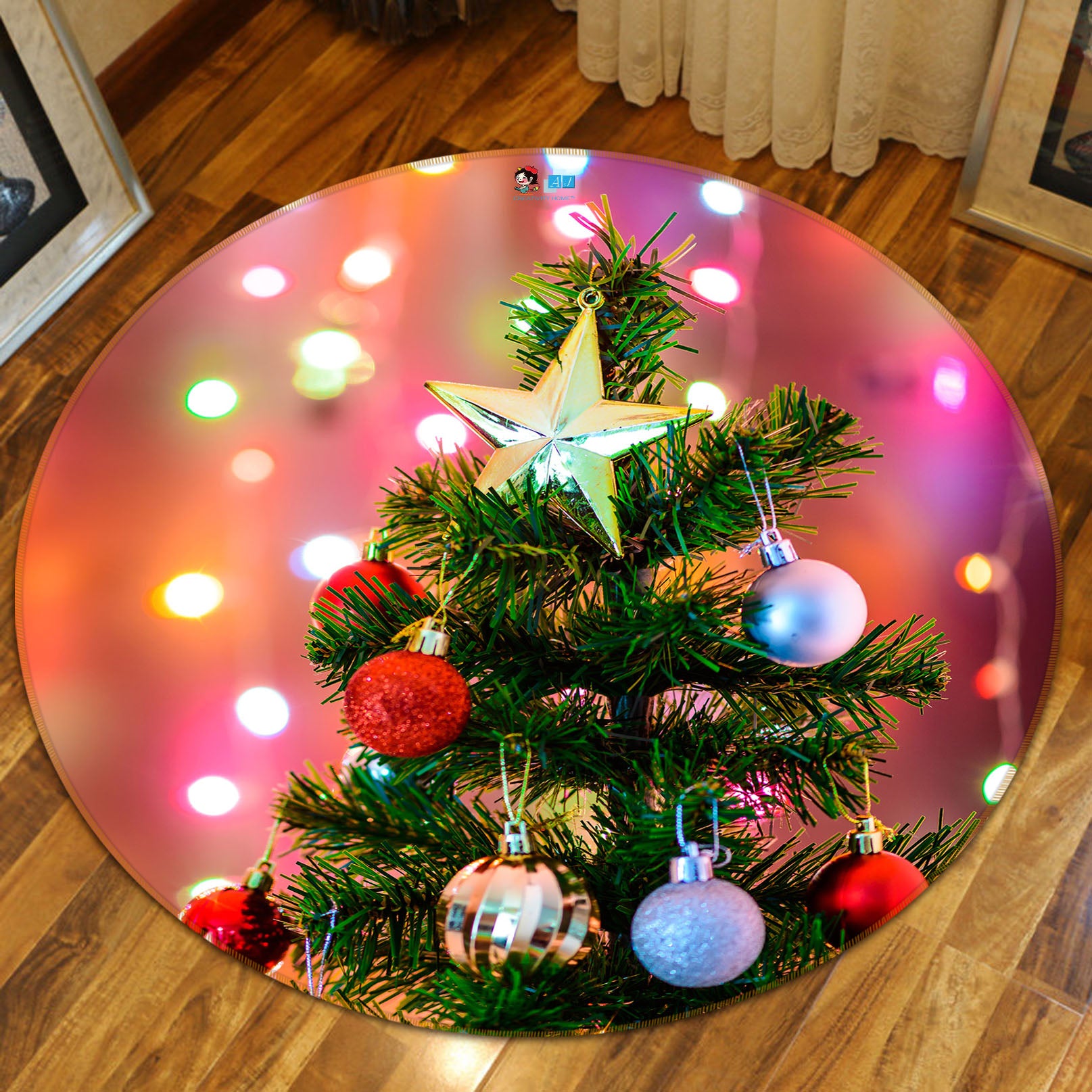 3D Tree Ball Pendant 54197 Christmas Round Non Slip Rug Mat Xmas