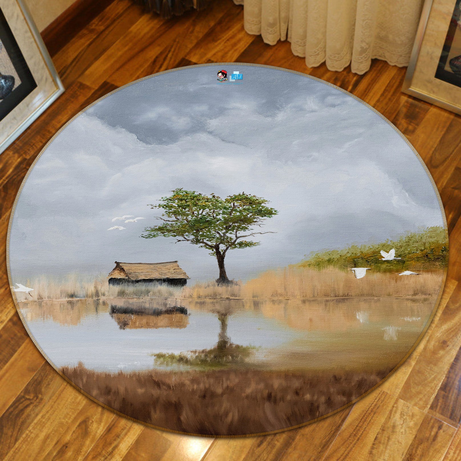 3D Trees Grass Cabin 18155 Marina Zotova Rug Round Non Slip Rug Mat