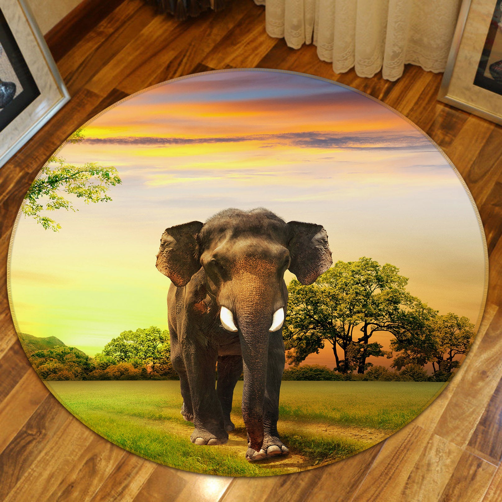 3D Elephant 37230 Animal Round Non Slip Rug Mat
