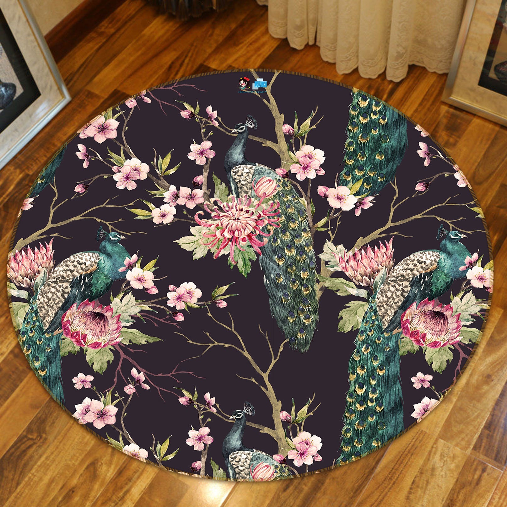 3D Peacock Flower 72186 Round Non Slip Rug Mat