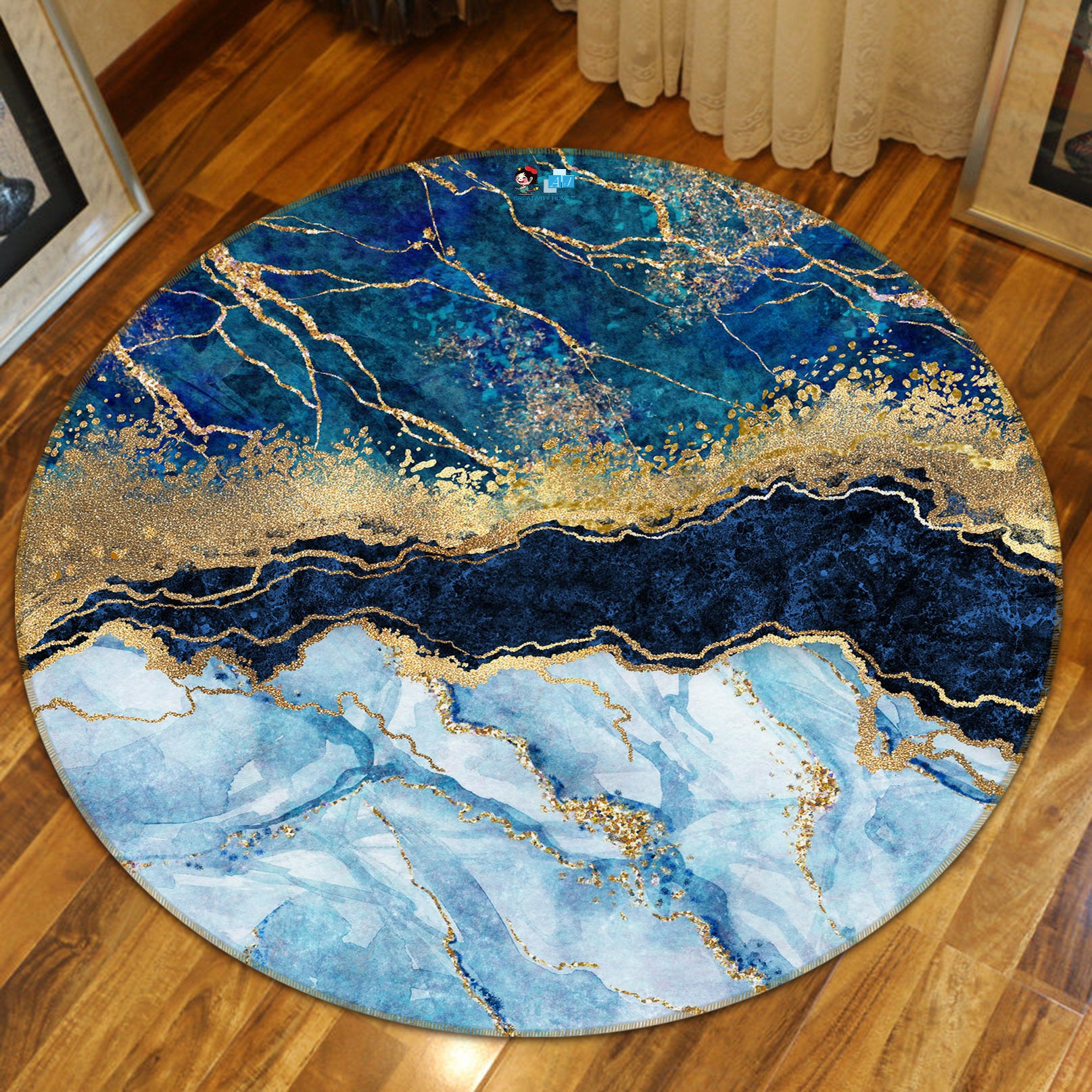 3D Dark Green Marbling 71149 Round Non Slip Rug Mat