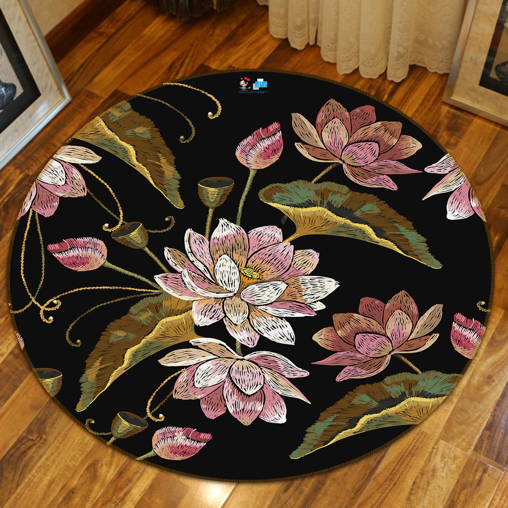 3D Flowers Lotus 69233 Round Non Slip Rug Mat