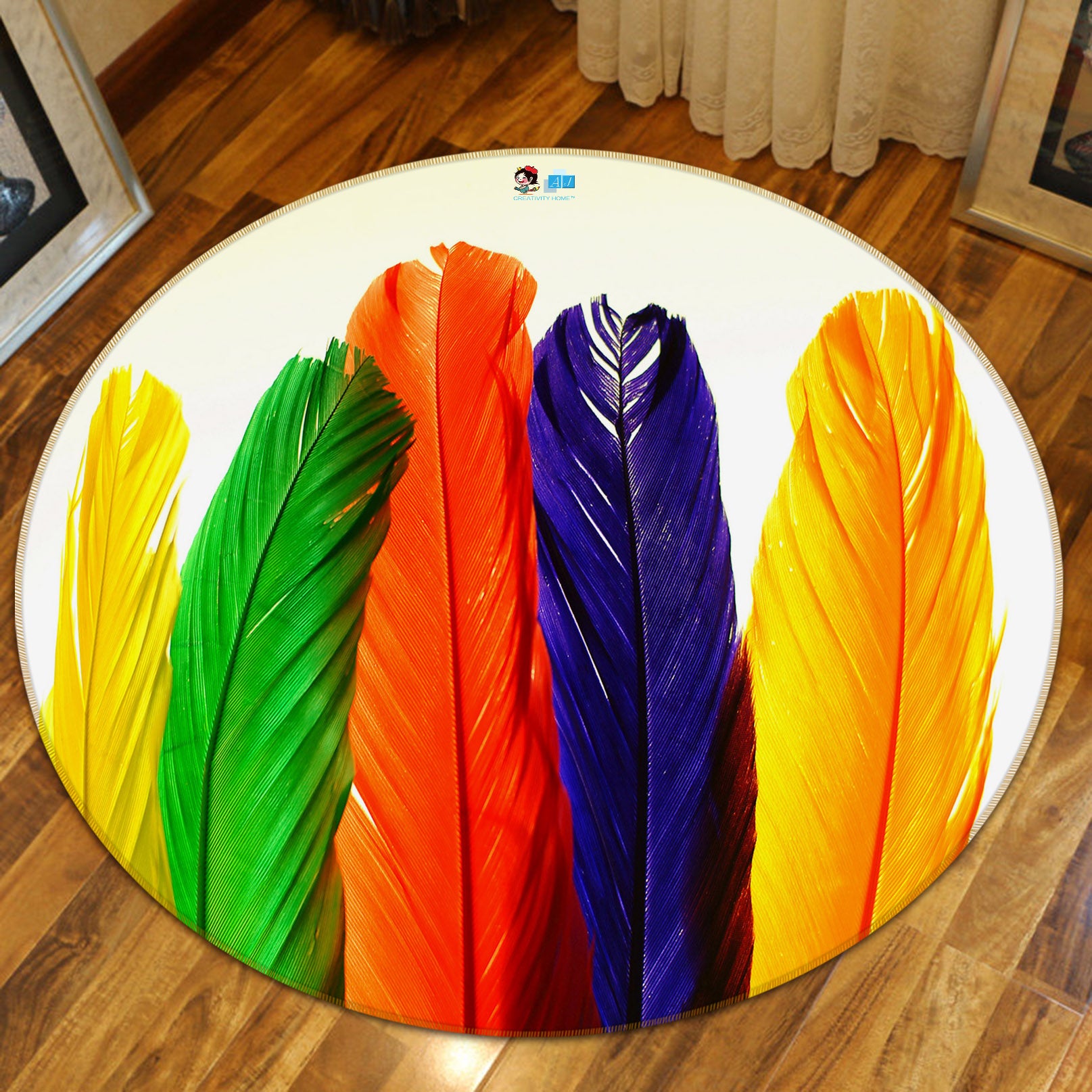 3D Colored Feathers 74012 Round Non Slip Rug Mat