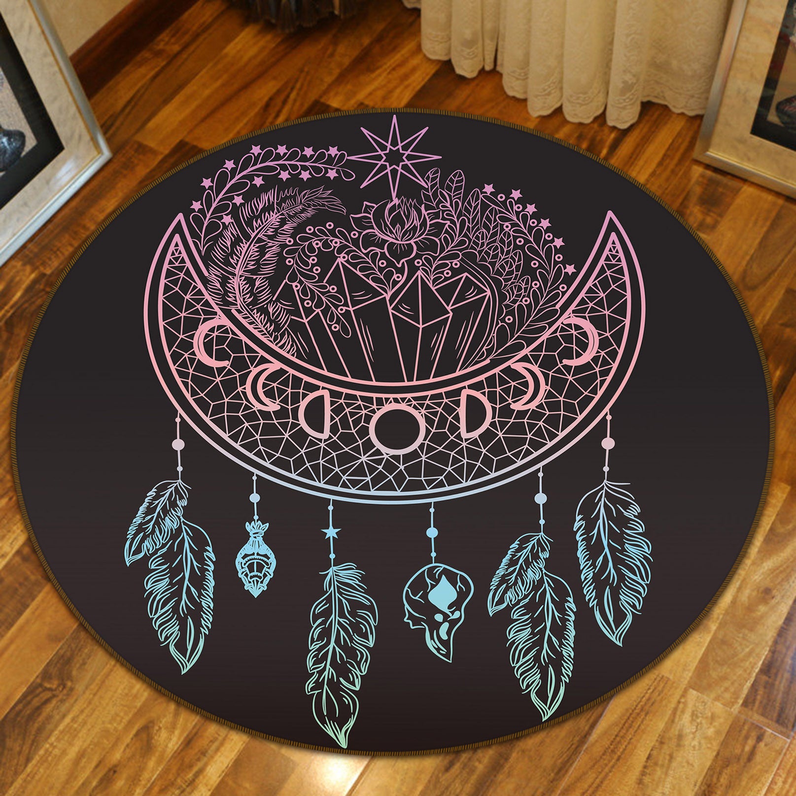 3D Moon Feather Pattern 29010 Round Non Slip Rug Mat