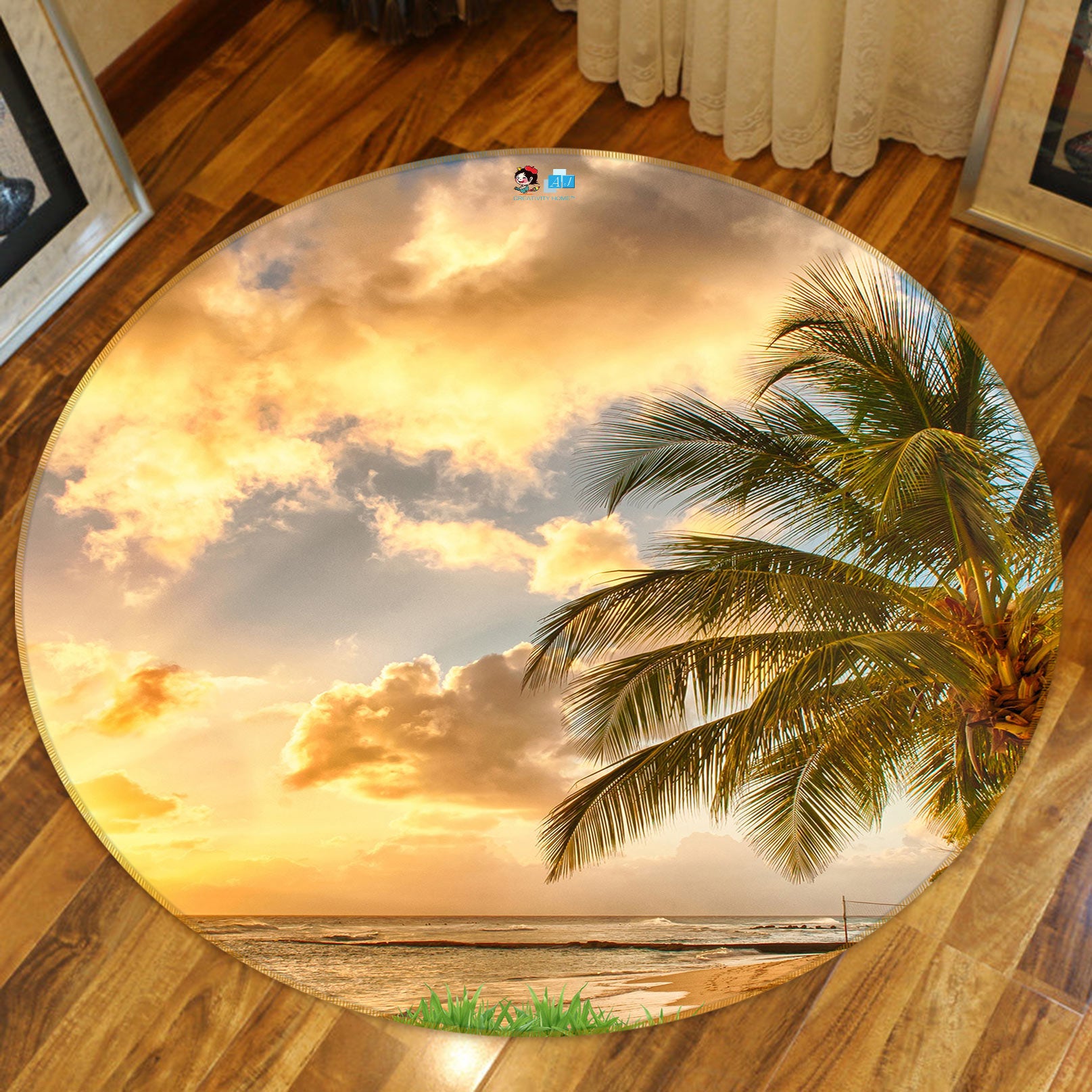 3D Dusk Coconut Tree 80251 Round Non Slip Rug Mat