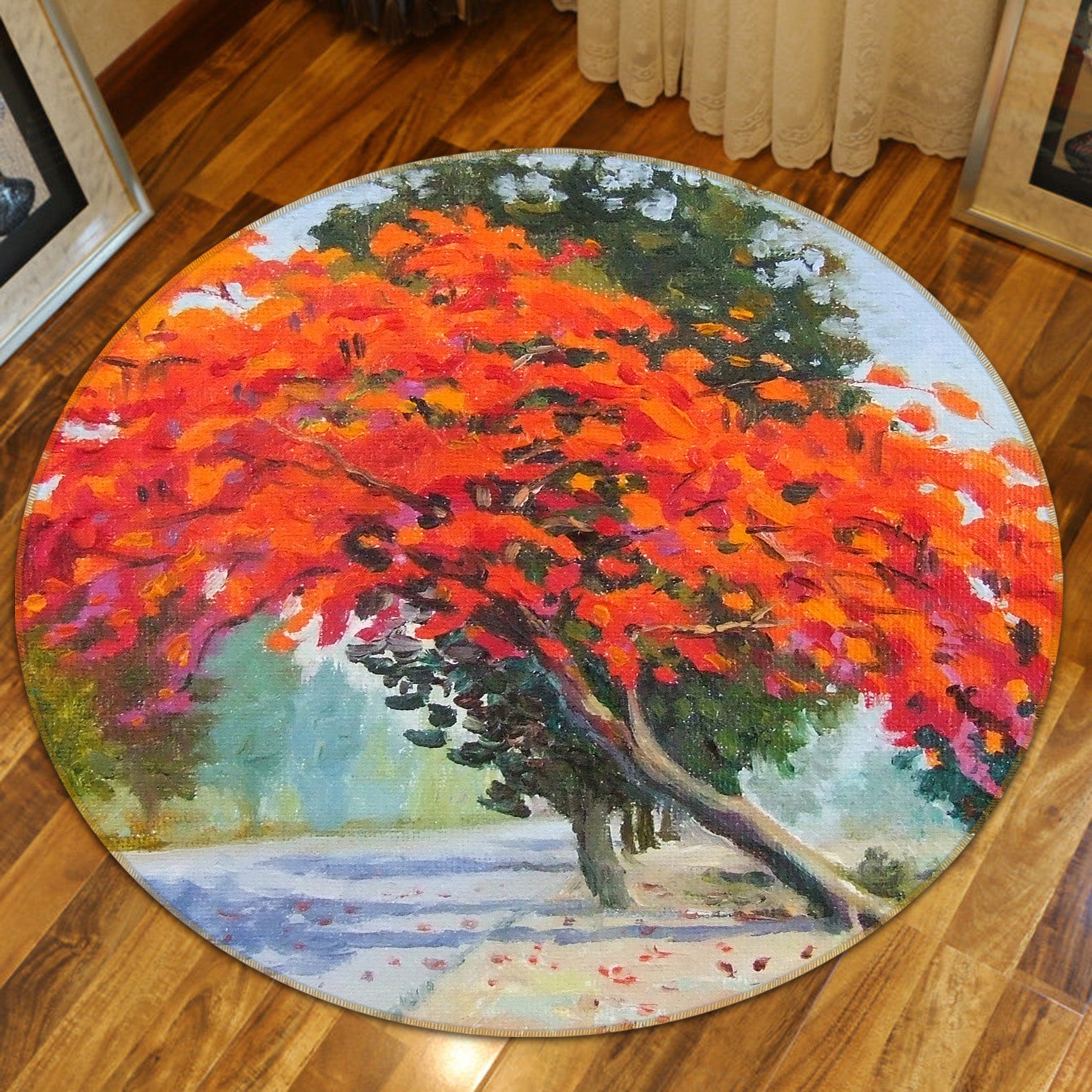 3D Red Leaf Tree 71228 Round Non Slip Rug Mat