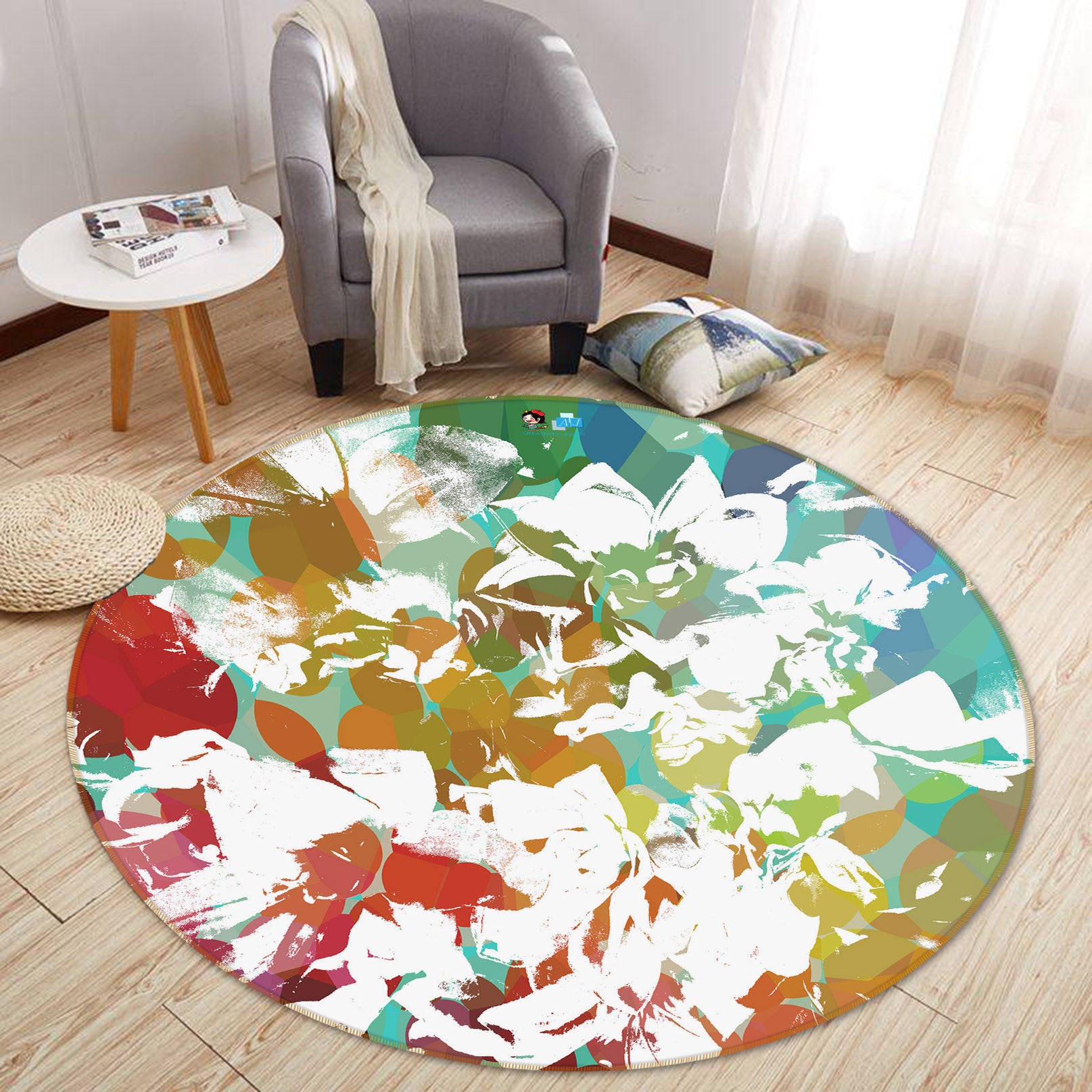 3D White Flowers Butterfly 46894 Shandra Smith Rug Round Non Slip Rug Mat