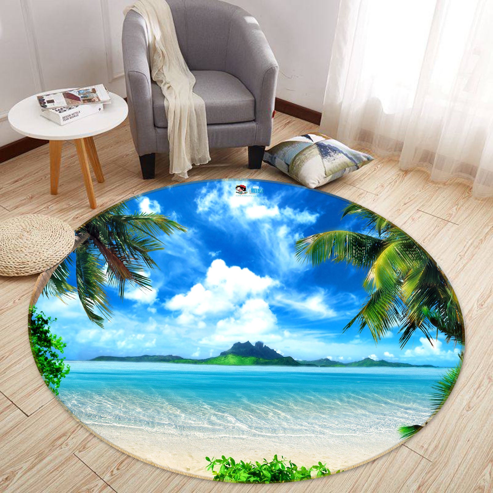 3D Beach Coconut Tree 80261 Round Non Slip Rug Mat