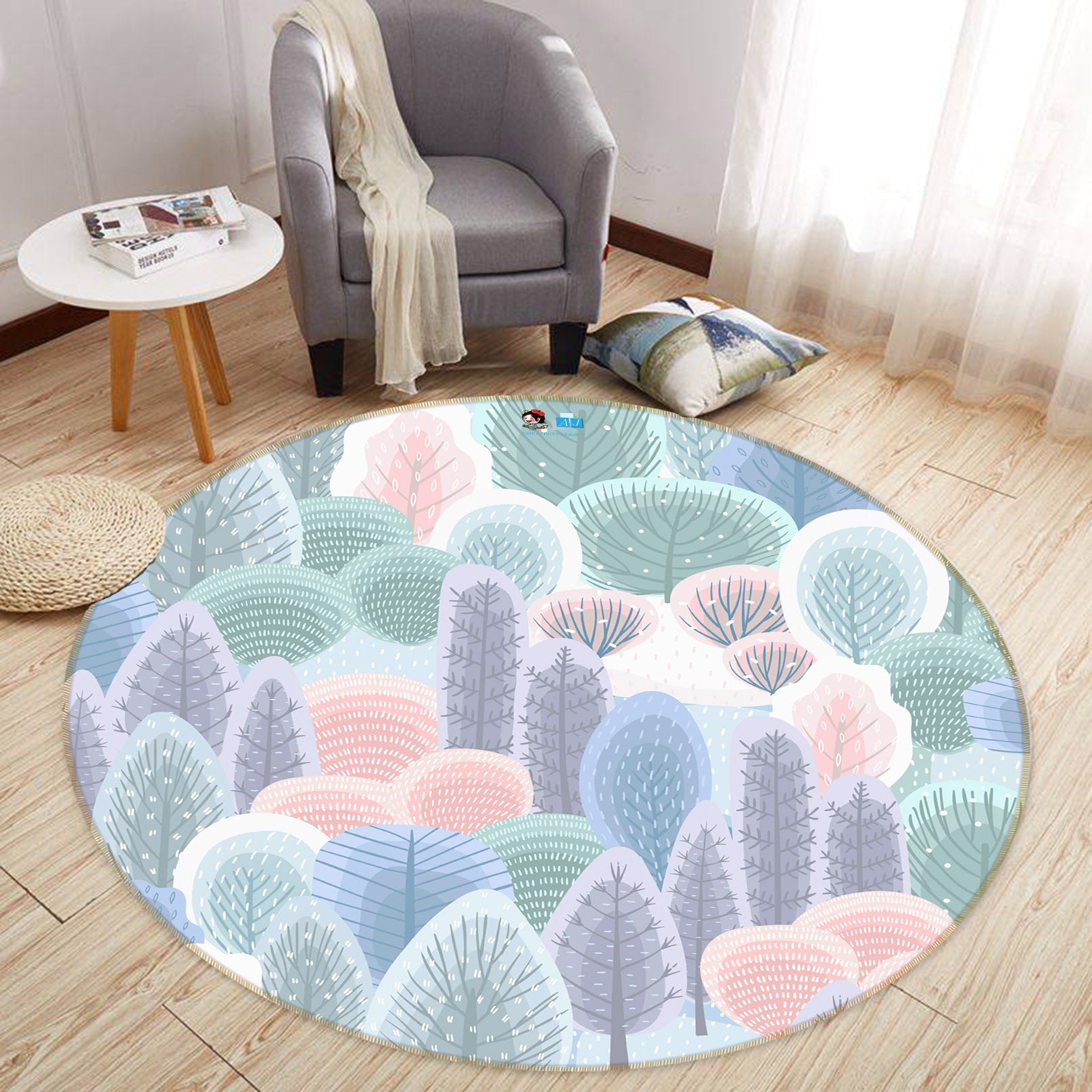 3D Tree Pattern 81082 Round Non Slip Rug Mat