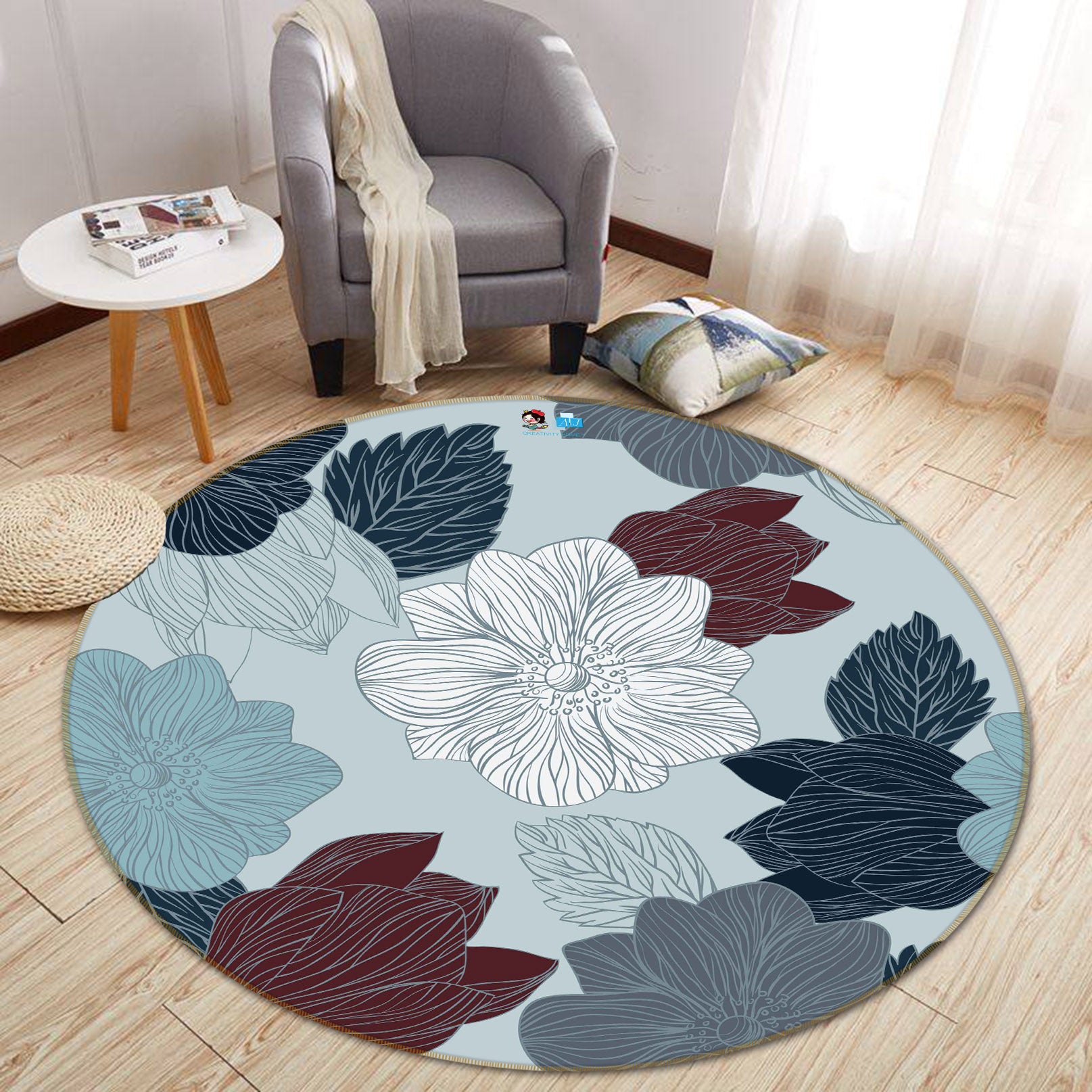 3D Line Flower 64150 Round Non Slip Rug Mat