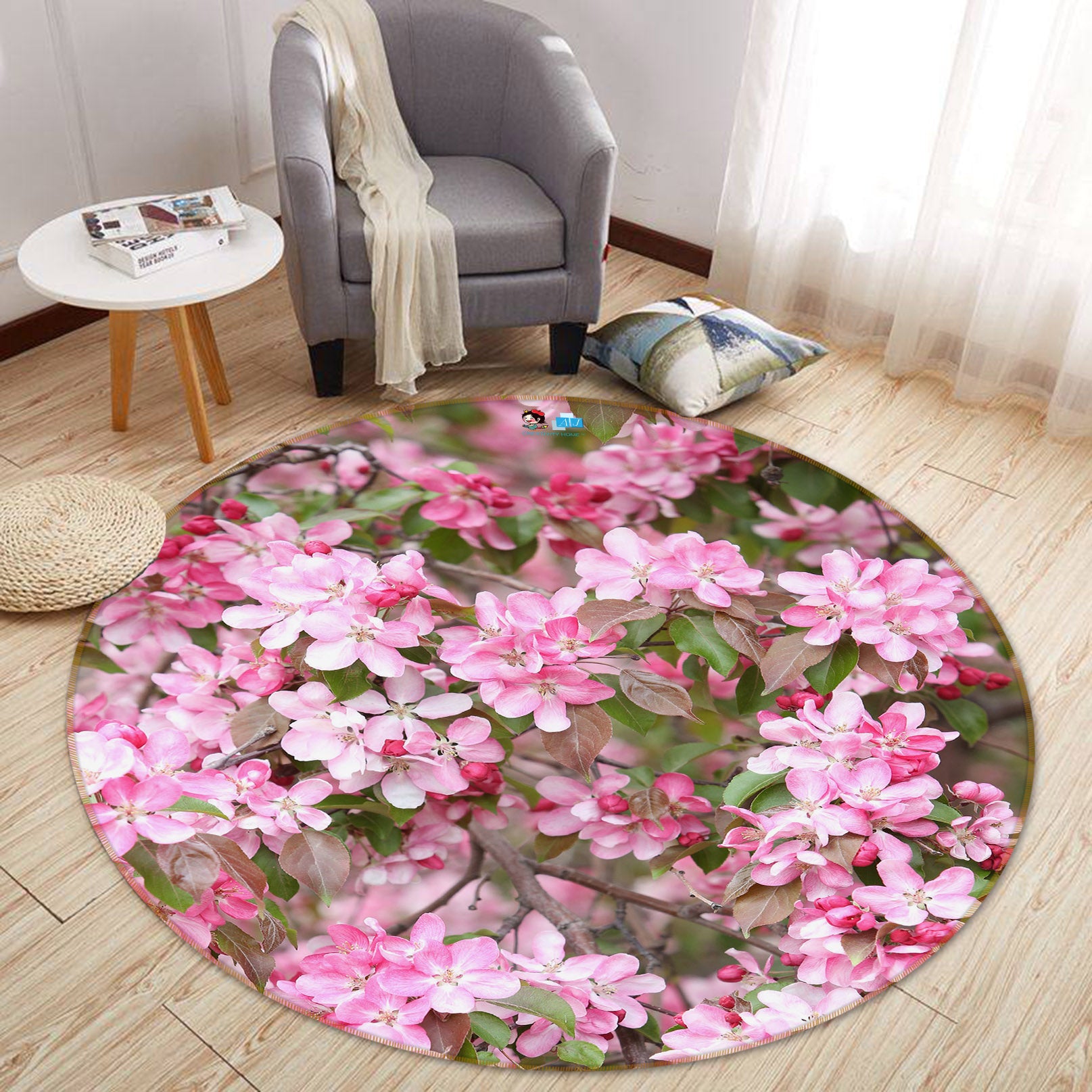 3D Pink Flower 71171 Round Non Slip Rug Mat