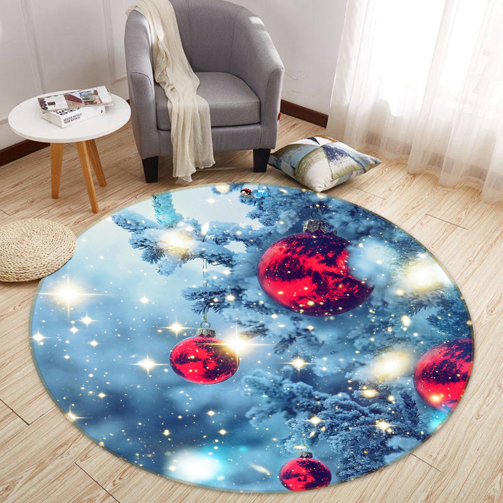 3D Snow Tree Red Ball 54067 Christmas Round Non Slip Rug Mat Xmas