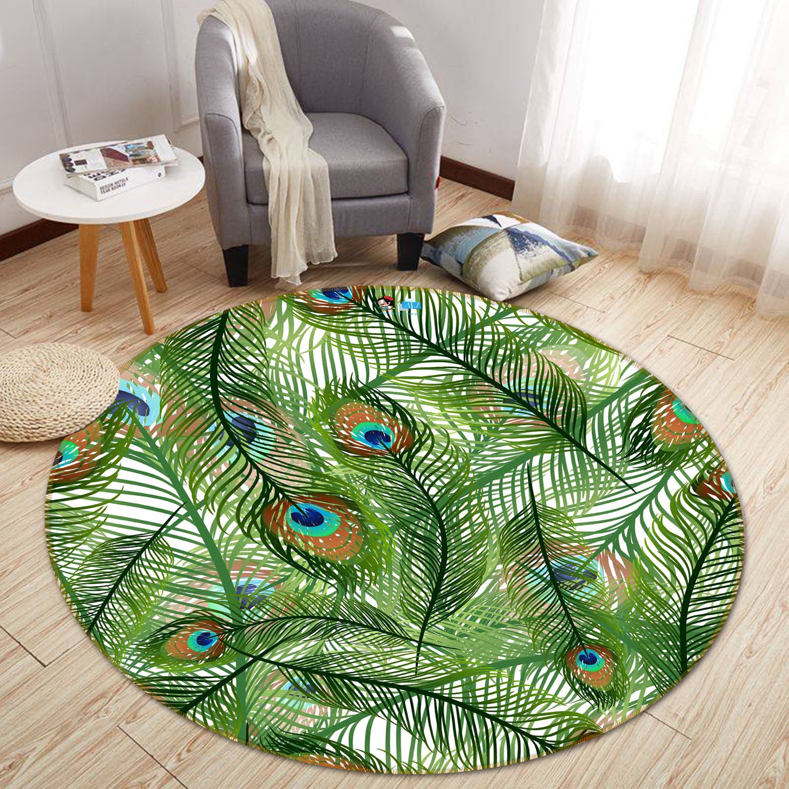 3D Peacock Feather 64106 Round Non Slip Rug Mat