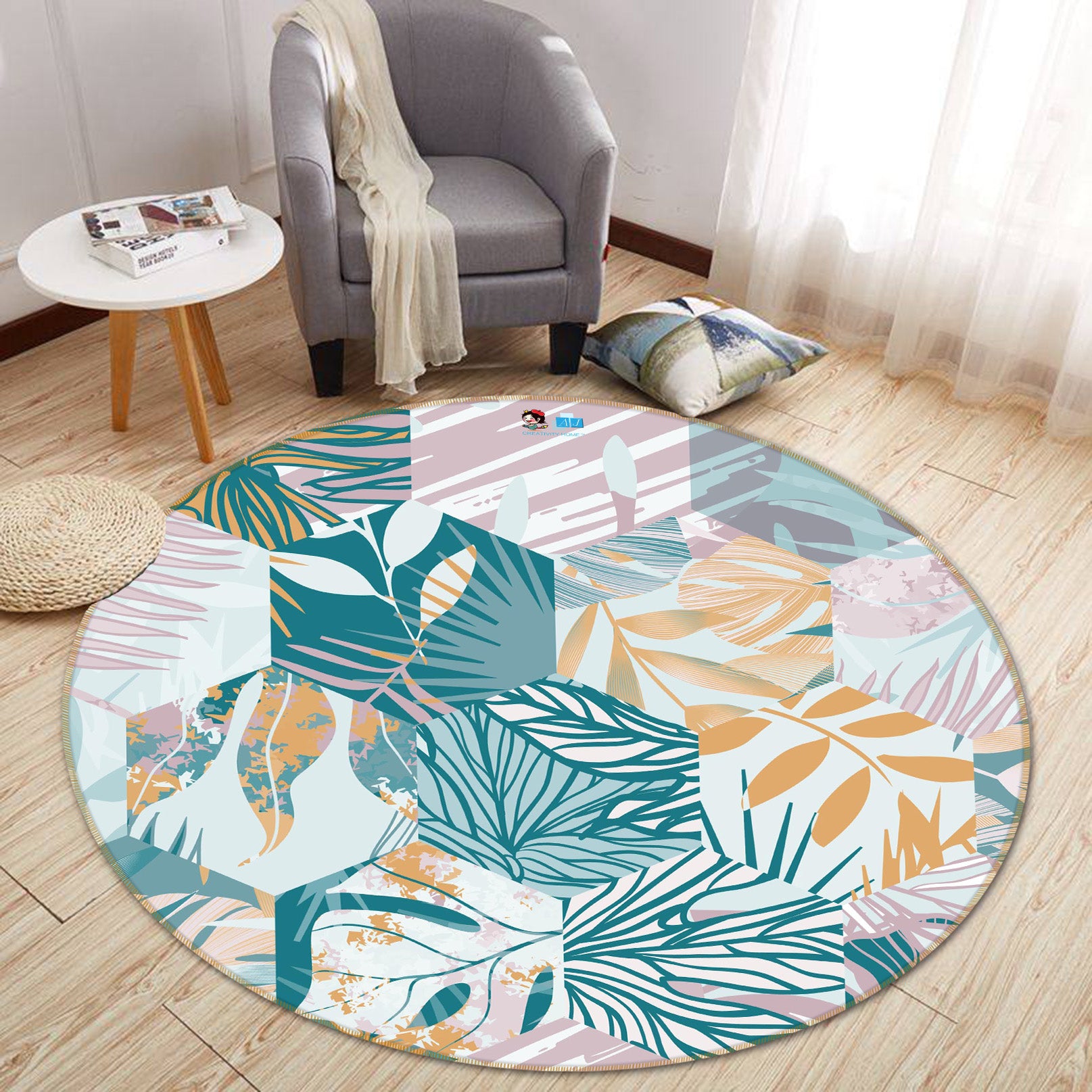 3D Leaf Pattern 64147 Round Non Slip Rug Mat