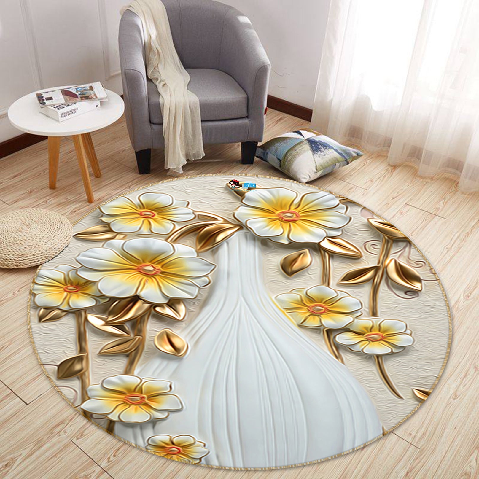 3D Embossed Flower Vase 72215 Round Non Slip Rug Mat