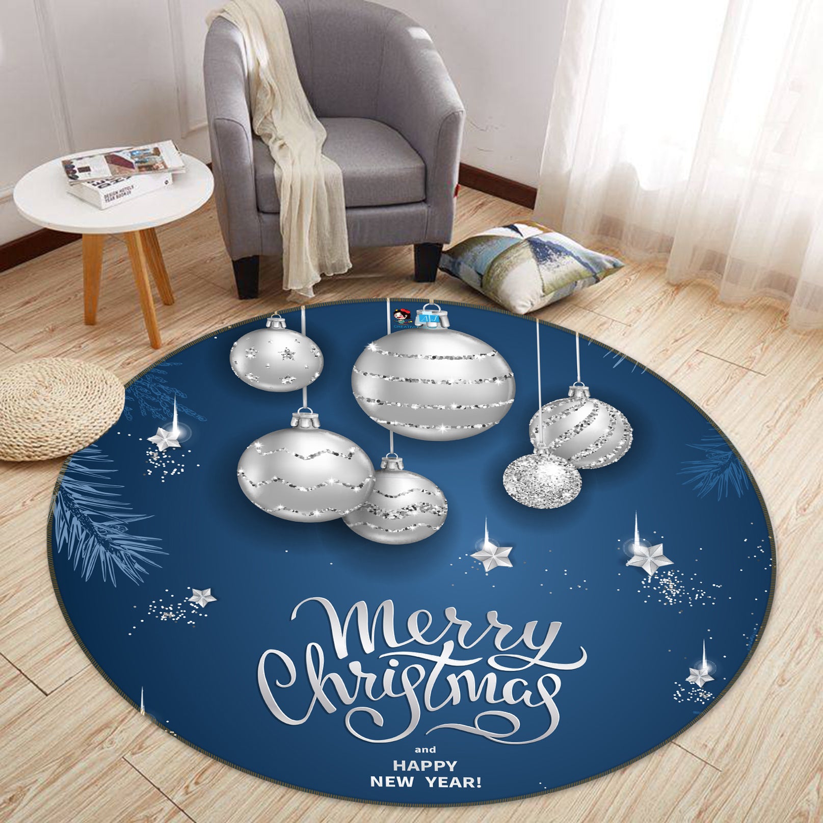 3D White Ball 54072 Christmas Round Non Slip Rug Mat Xmas